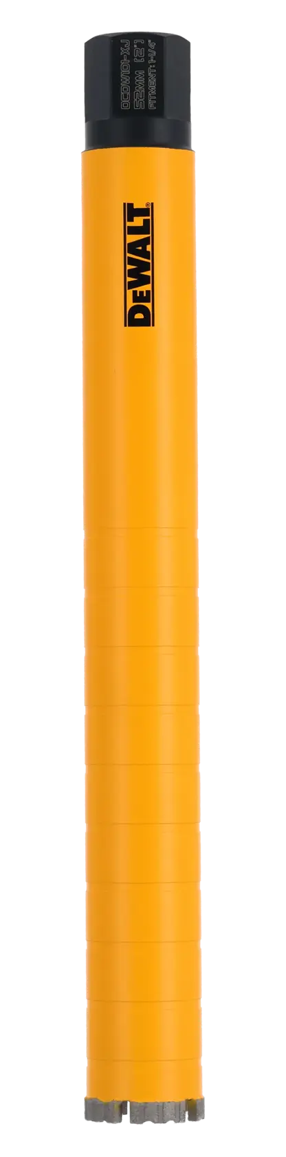Carotatrice cilindrica gialla DEWALT DCDW101 con logo, mostrata verticalmente su sfondo bianco.