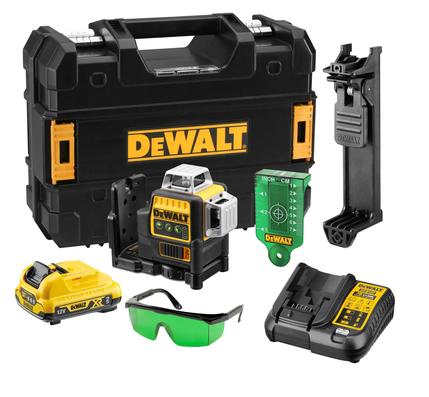 Kit laser a linea incrociata verde DEWALT 12V, composto da valigetta, batteria, dispositivo laser, caricabatterie, supporto di montaggio, piastra bersaglio verde e occhiali di sicurezza verdi.