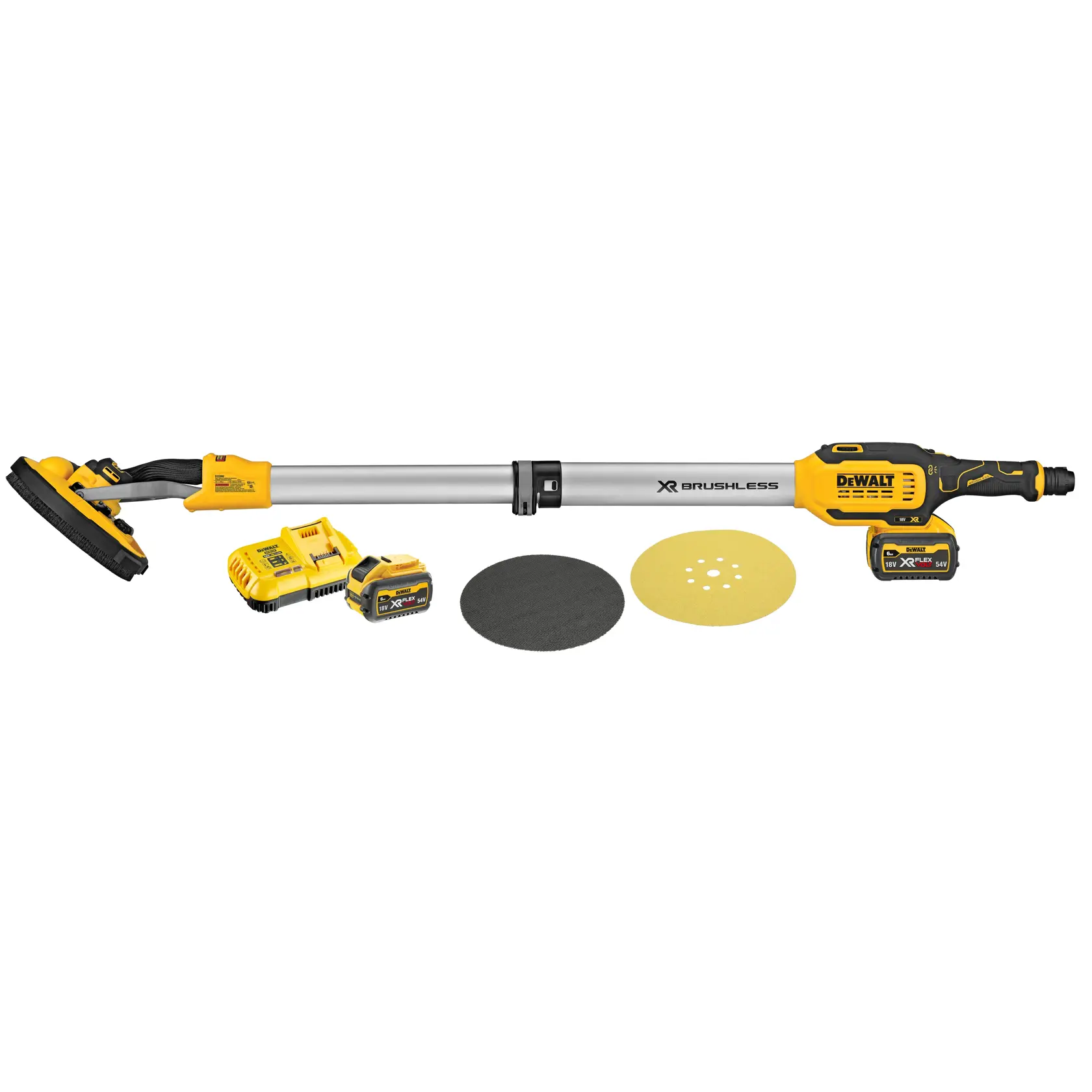 Levigatrice per cartongesso DEWALT senza fili con due batterie, caricatore e dischi abrasivi.