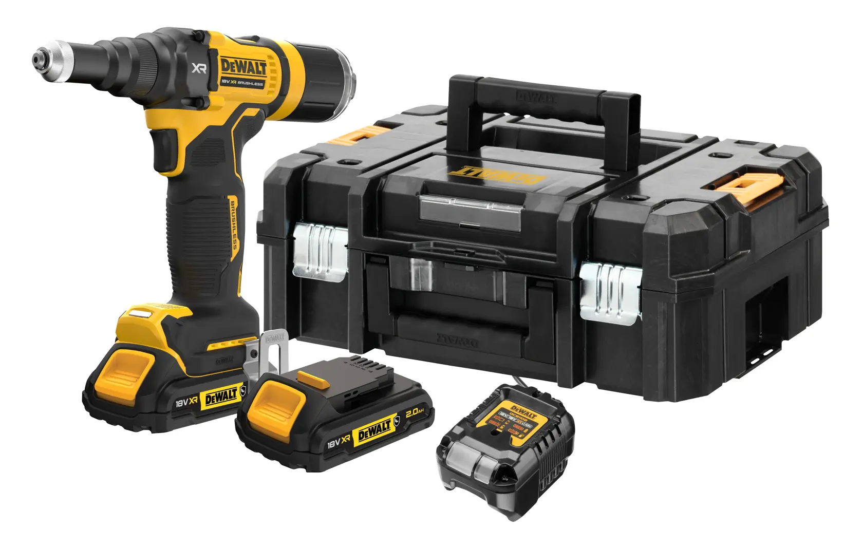 Logo DEWALT centrato su sfondo bianco.
