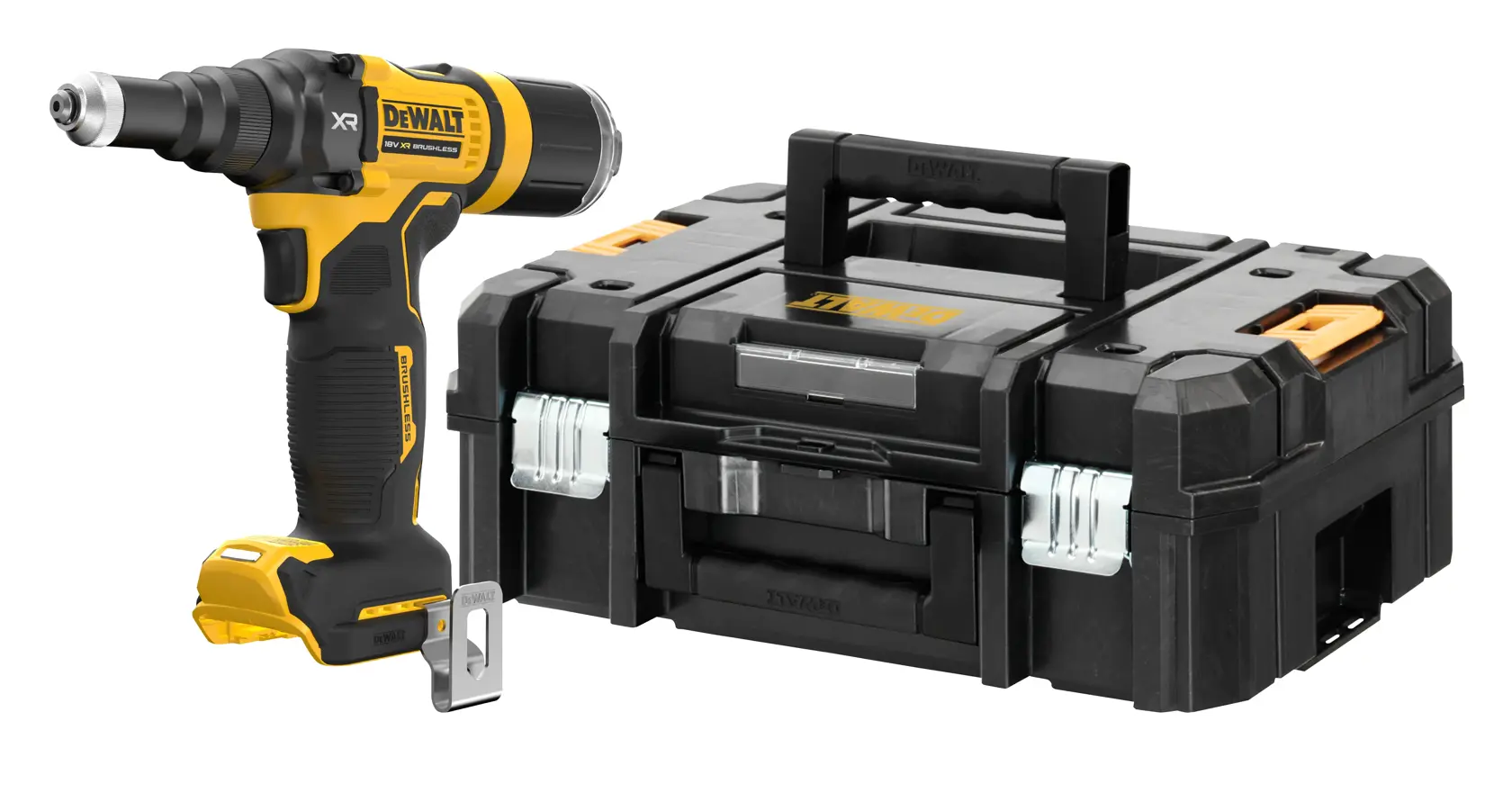 Trapano a batteria DEWALT dal design nero e giallo, mostrato accanto a una valigetta rigida nera con maniglia e chiusure in metallo.