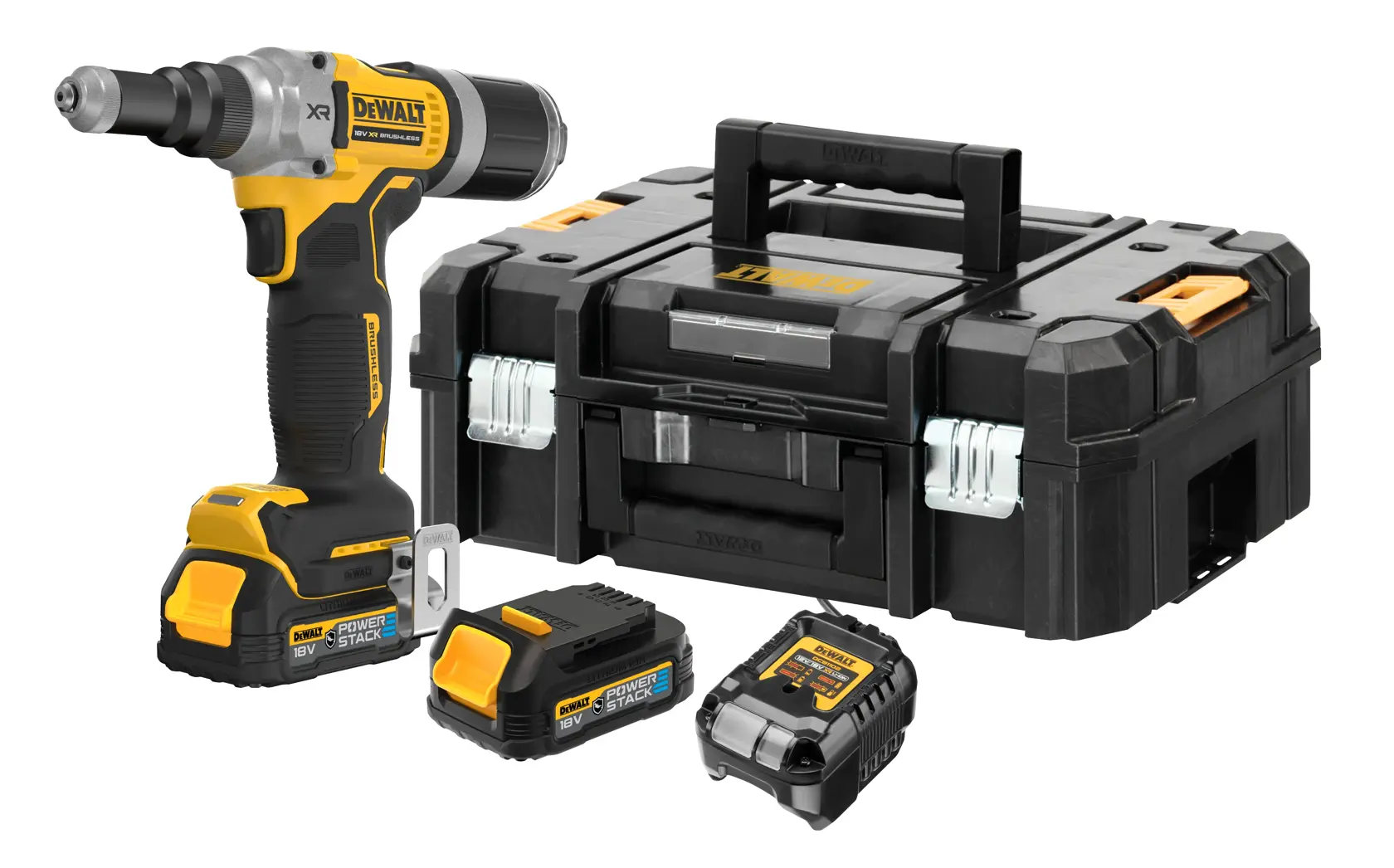 Set avvitatore a impulsi a batteria DEWALT DCF414E2GT con avvitatore nero e giallo, due batterie Powerstack 18V, un caricabatterie e una valigetta nera DEWALT.