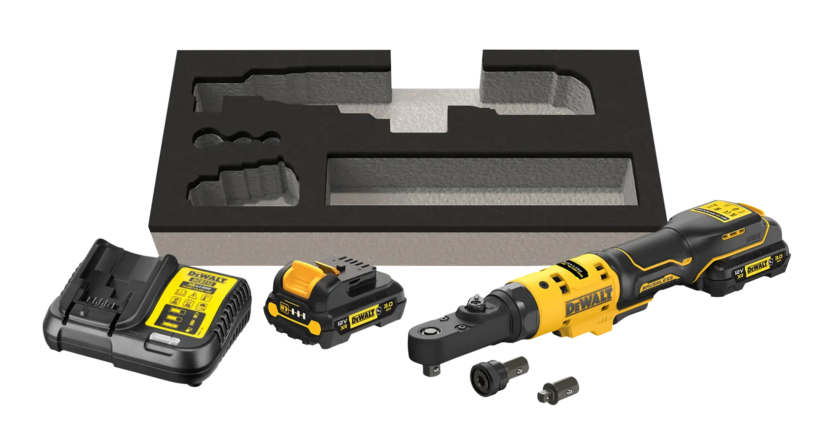 Set DEWALT chiave a cricchetto senza fili con batteria, caricatore, accessori e inserto in schiuma.