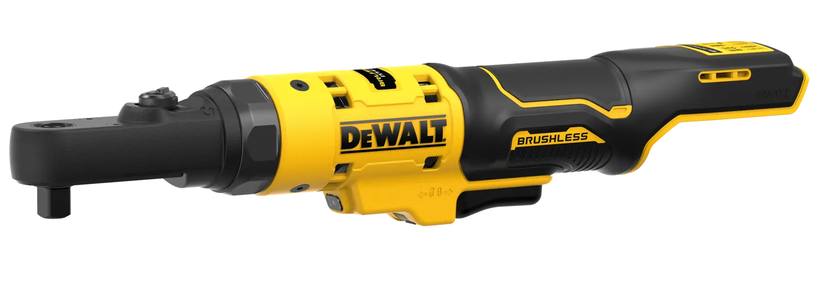 Chiave a cricchetto brushless DEWALT DCF500N gialla e nera su sfondo bianco.