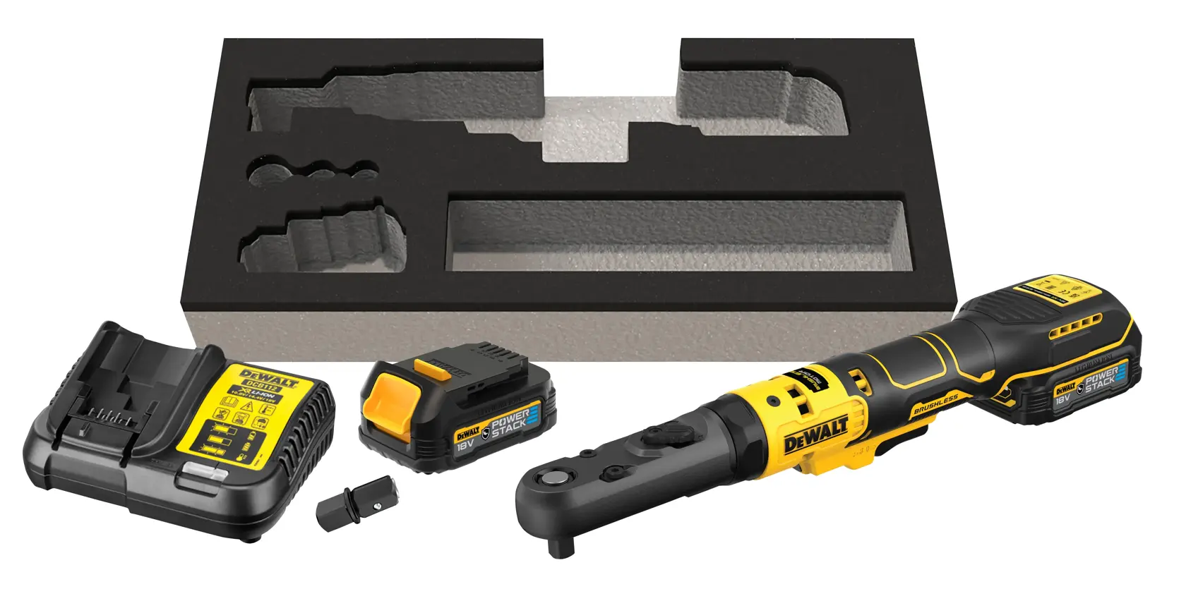 Kit cricchetto DEWALT a batteria, caricatore, inserto in schiuma e accessorio su sfondo bianco.