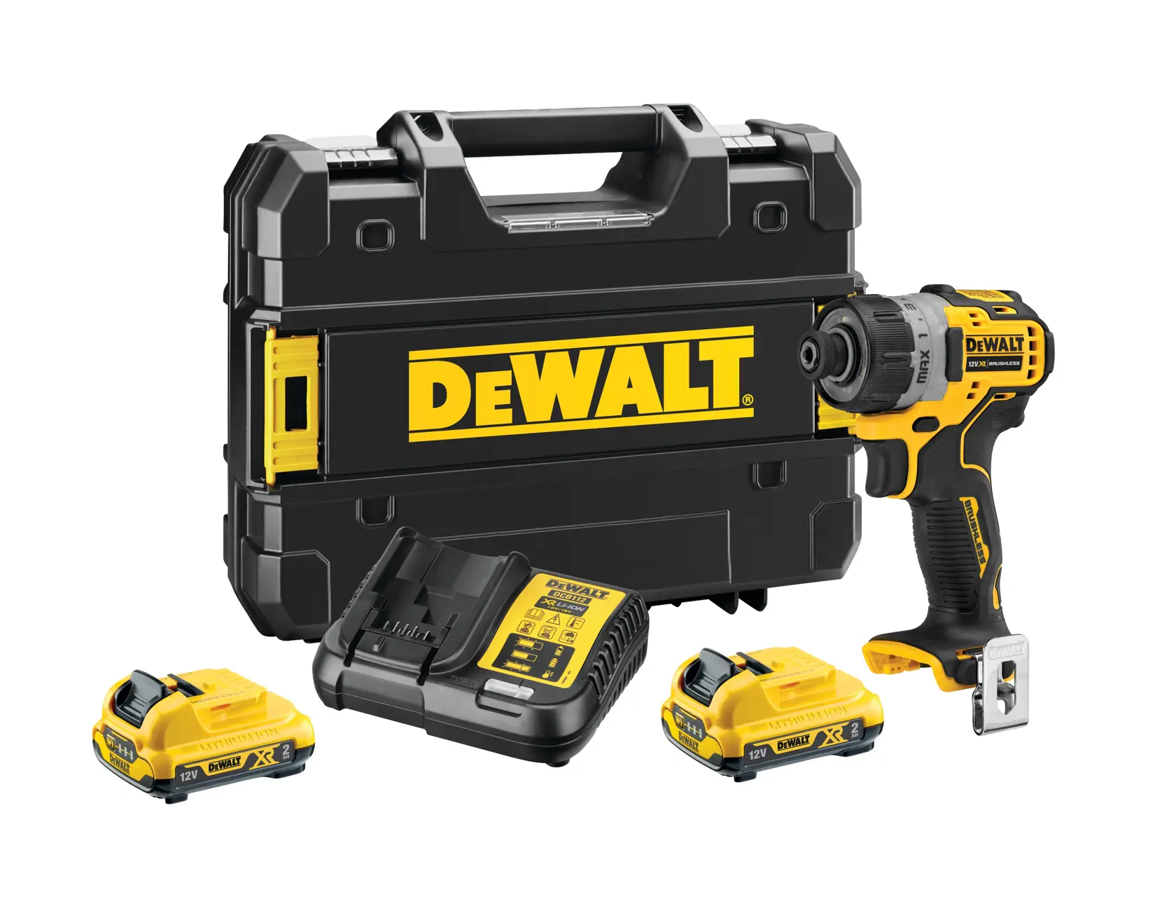È mostrato un kit di utensili elettrici a batteria DEWALT, composto da una valigetta nera e gialla con il marchio DEWALT, un cacciavite compatto a batteria, due batterie e un caricabatterie, il tutto disposto su uno sfondo bianco.