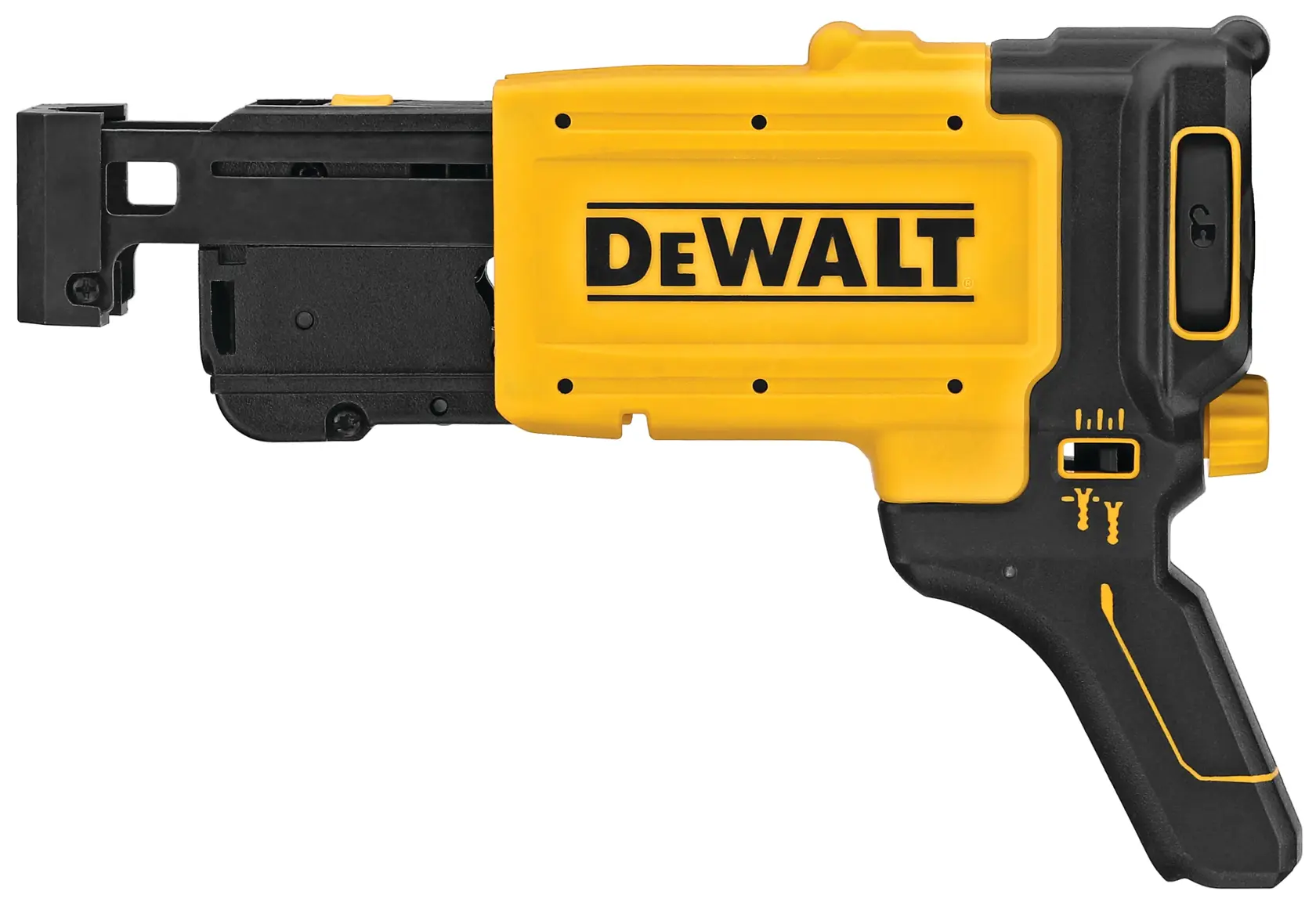 Logo DEWALT centrato su sfondo bianco.