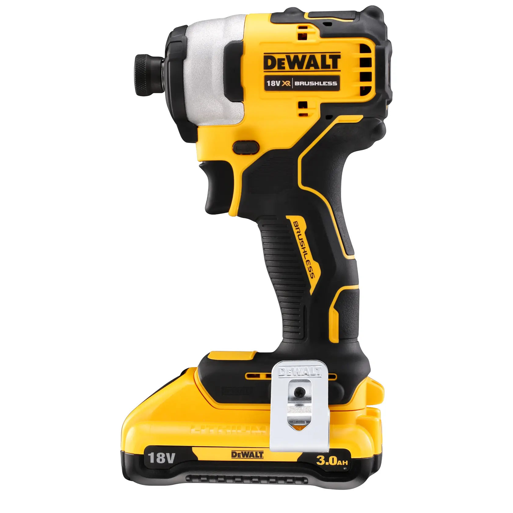 Vista frontale di utensile DEWALT senza fili giallo e nero, con grilletto e clip metallica.