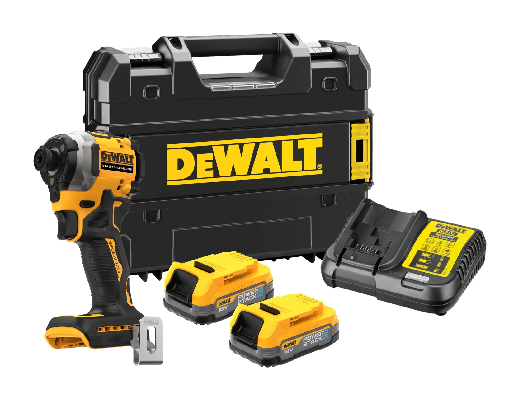 Set di utensili elettrici DEWALT composto da un avvitatore a impulsi senza fili, due batterie ricaricabili, un caricabatterie e una valigetta rigida, tutto nei colori nero e giallo.