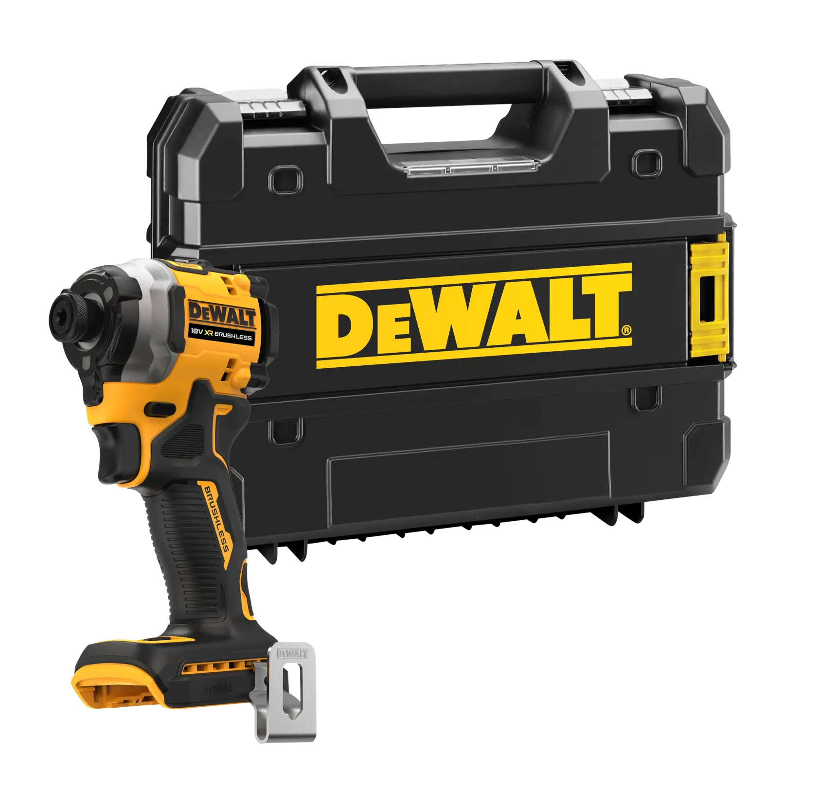 Logo DEWALT centrato su sfondo bianco.
