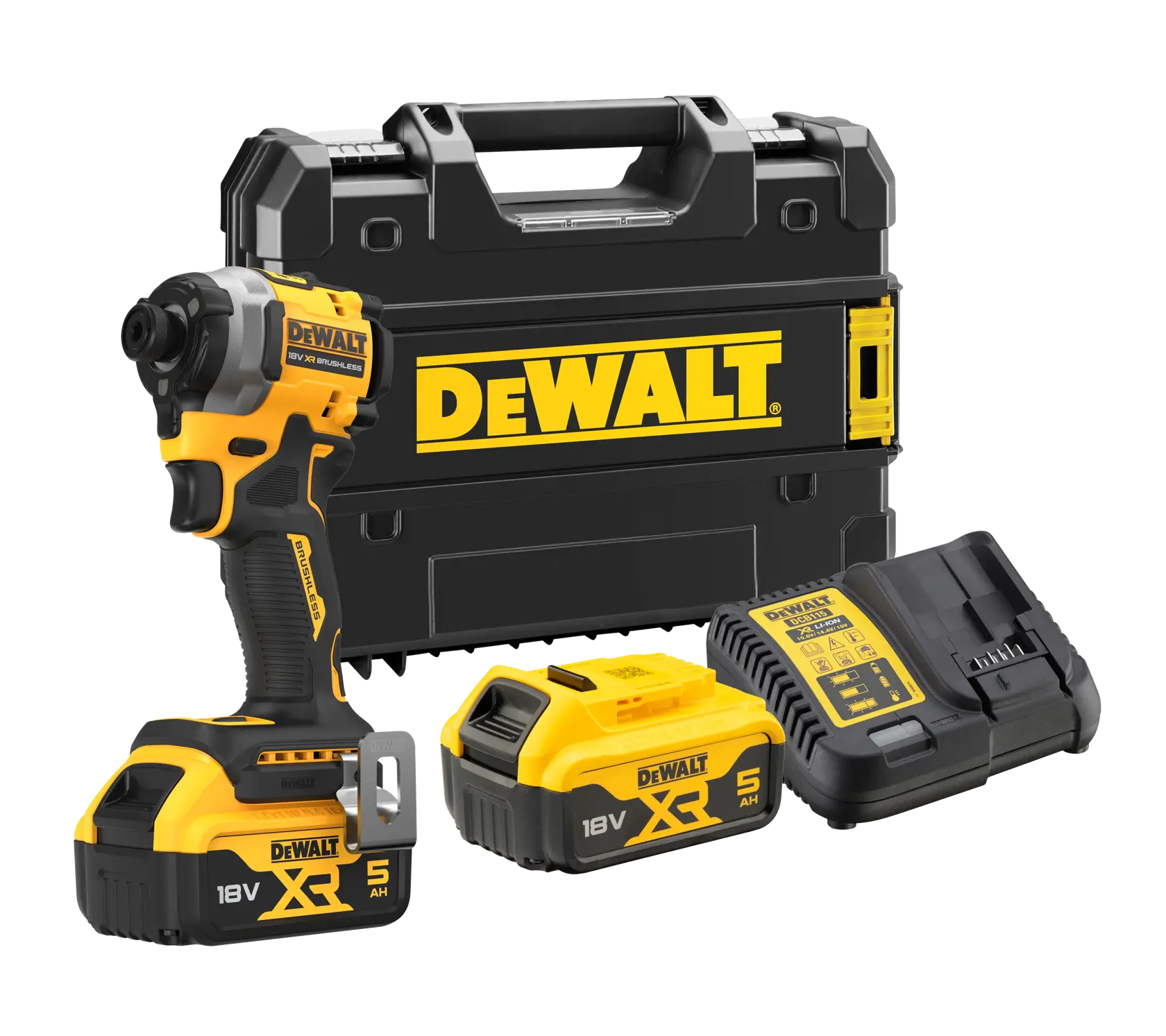 Logo DEWALT centrato su sfondo bianco.