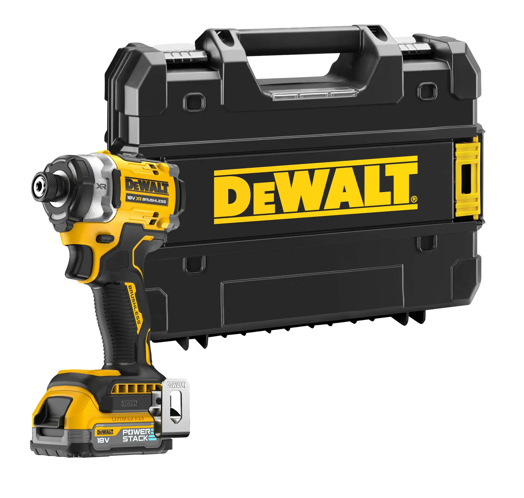 Logo DEWALT centrato su sfondo bianco.