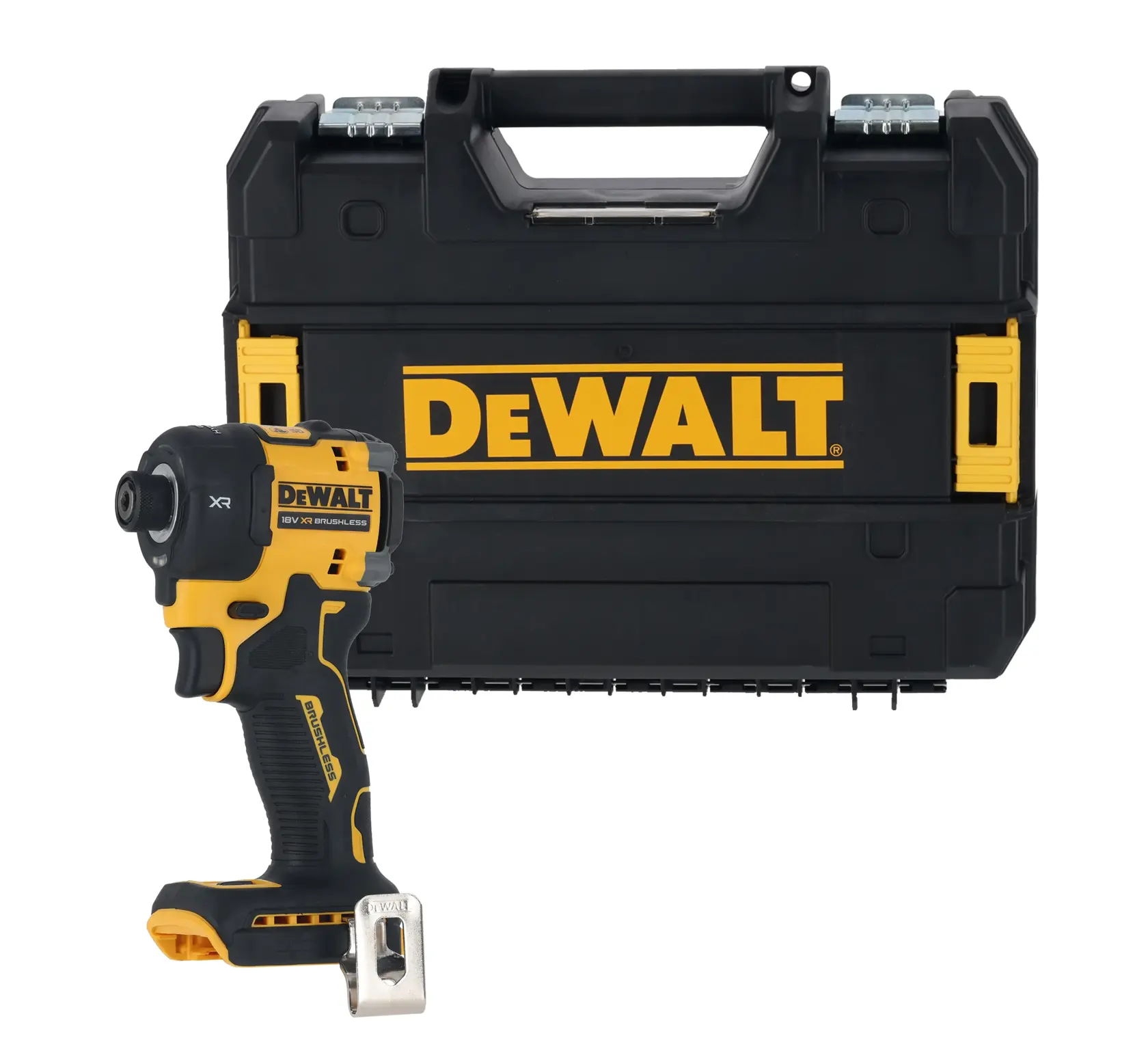 Logo DEWALT centrato su sfondo bianco.