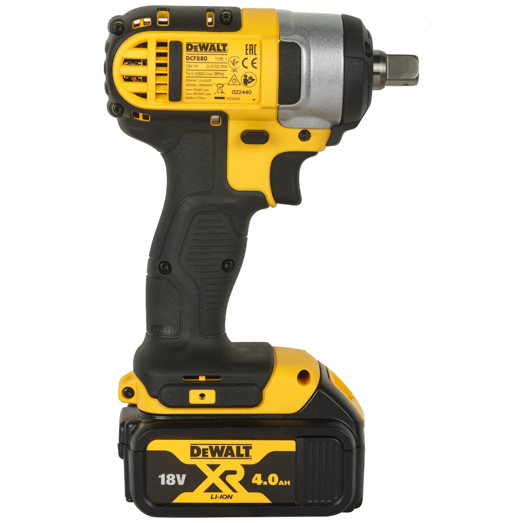 Image d'une clé à chocs sans fil DEWALT 20V Max XR Lithium Ion. Les caractéristiques principales sont indiquées : conception compacte et légère (5,70 pouces de hauteur, 3,4 lb), trois LED lumineuses, poignée de confort texturée antidérapante et batteries XR.