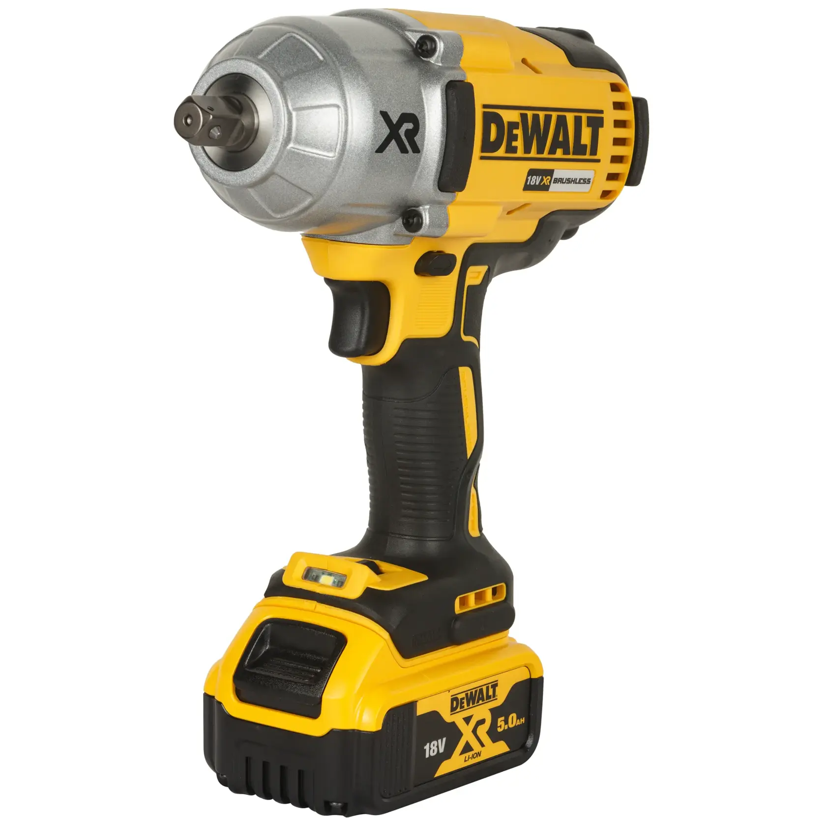 A DEWALT DCF899P2 20V XR brushless impact wrench with a 1/2 inch anvil and detent pin, featuring multi-speed control and an LED light with 20-second delay. The tool is yellow and black with ergonomic grip design.