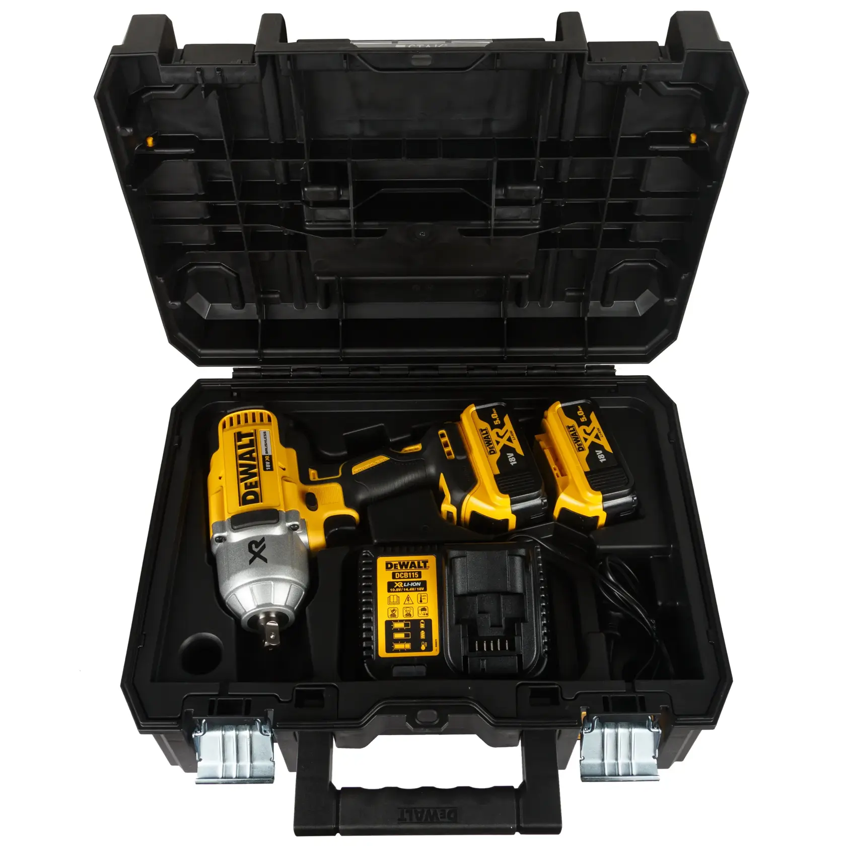 Logo DEWALT centrato su sfondo bianco.