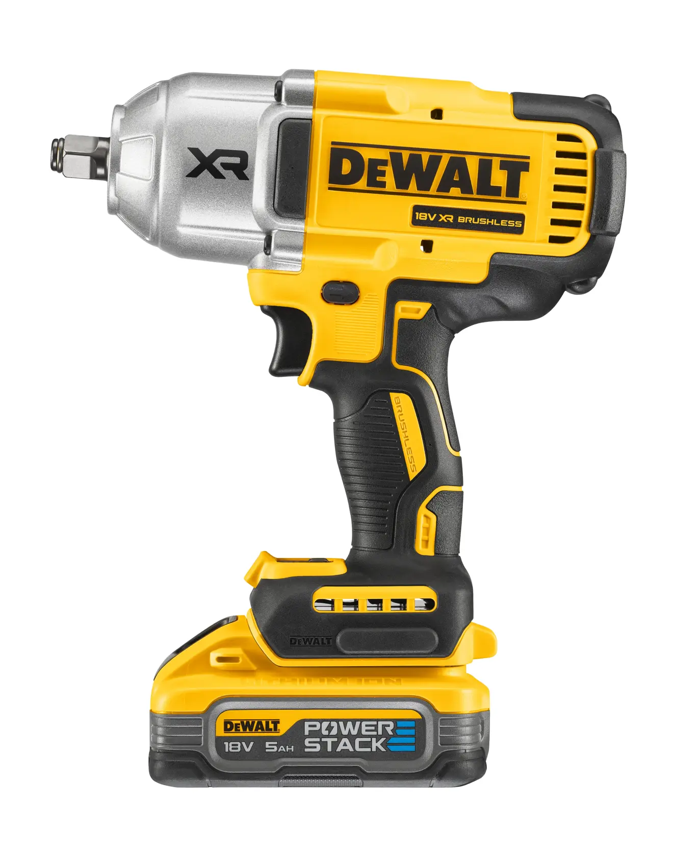 Avvitatore a impulsi cordless DEWALT 18V XR con motore brushless e batteria POWERSTACK 5Ah, mostrato in giallo e nero con parte frontale metallica argentata.