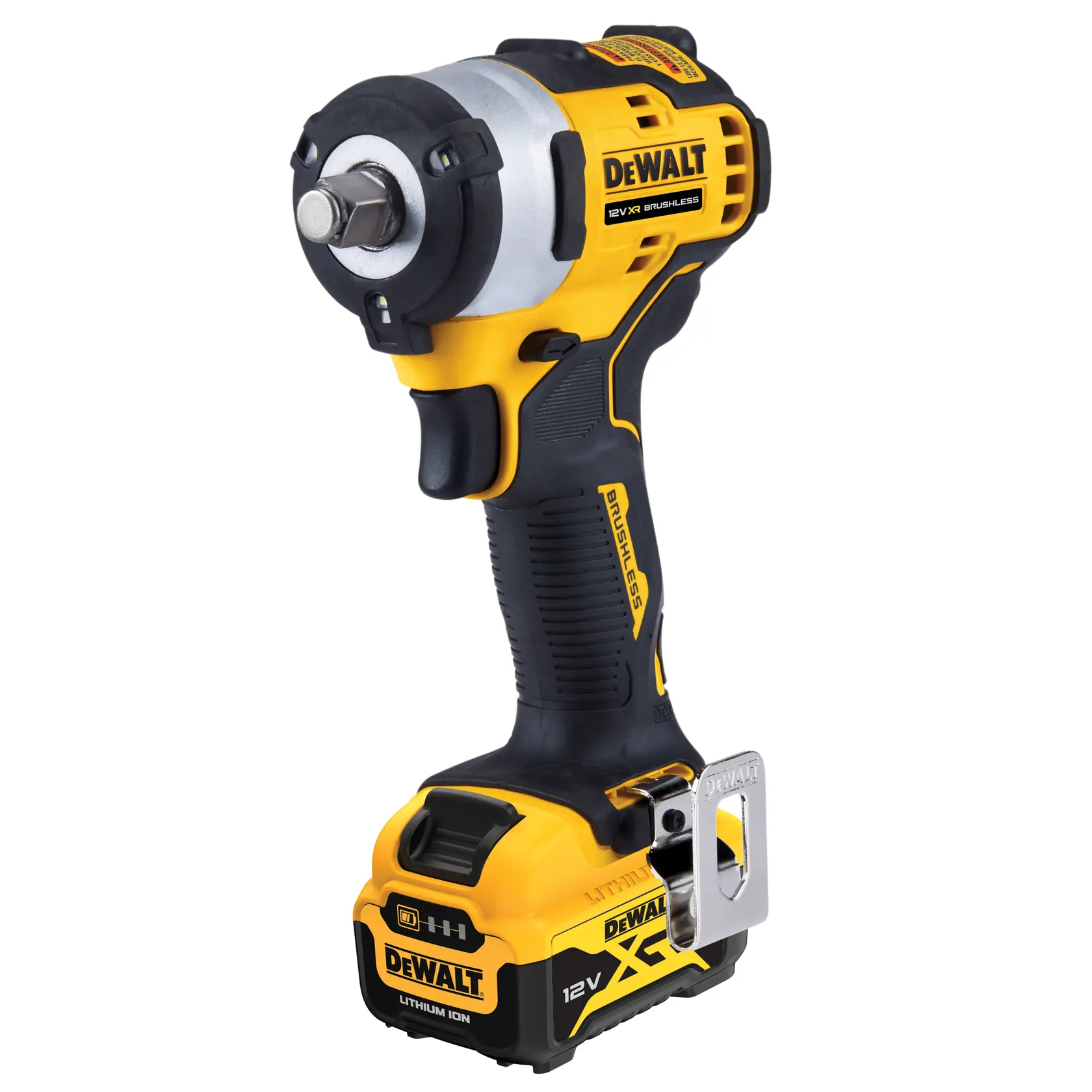 Chiave ad impulsi a batteria DEWALT 12V XR brushless, dal design giallo e nero, con batteria alla base e robusta clip da cintura in metallo.
