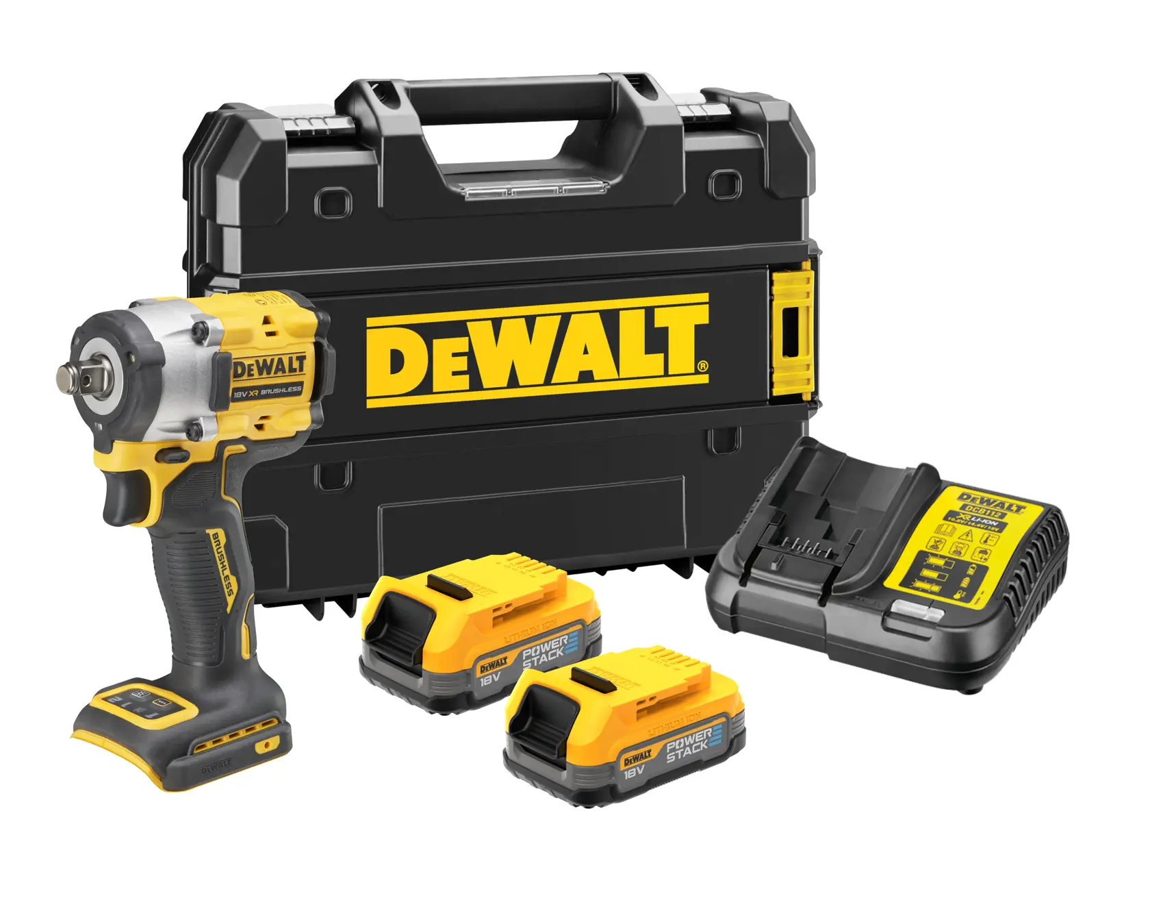 Set avvitatore a impulsi a batteria DEWALT composto da un avvitatore giallo e nero, due batterie Powerstack da 18V, un caricabatterie e una valigetta rigida con logo DEWALT.