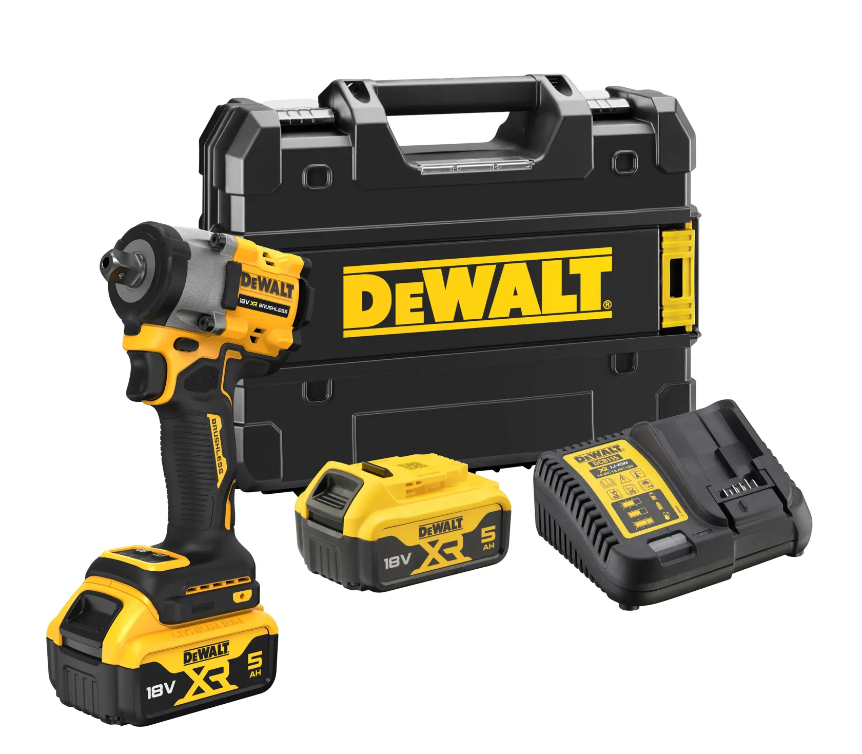 Set avvitatore a impulsi a batteria DEWALT composto da un avvitatore a impulsi 18V XR con batteria inserita, una seconda batteria di ricambio, un caricabatterie e una valigetta rigida con logo DEWALT.