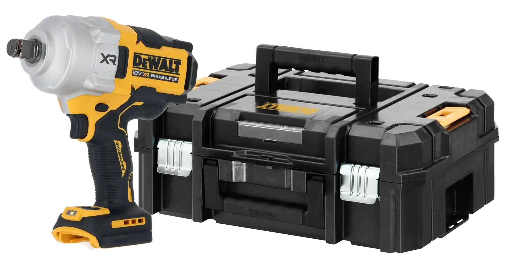 Avvitatore a impulsi DEWALT senza fili con valigetta nera, entrambi gialli e neri.