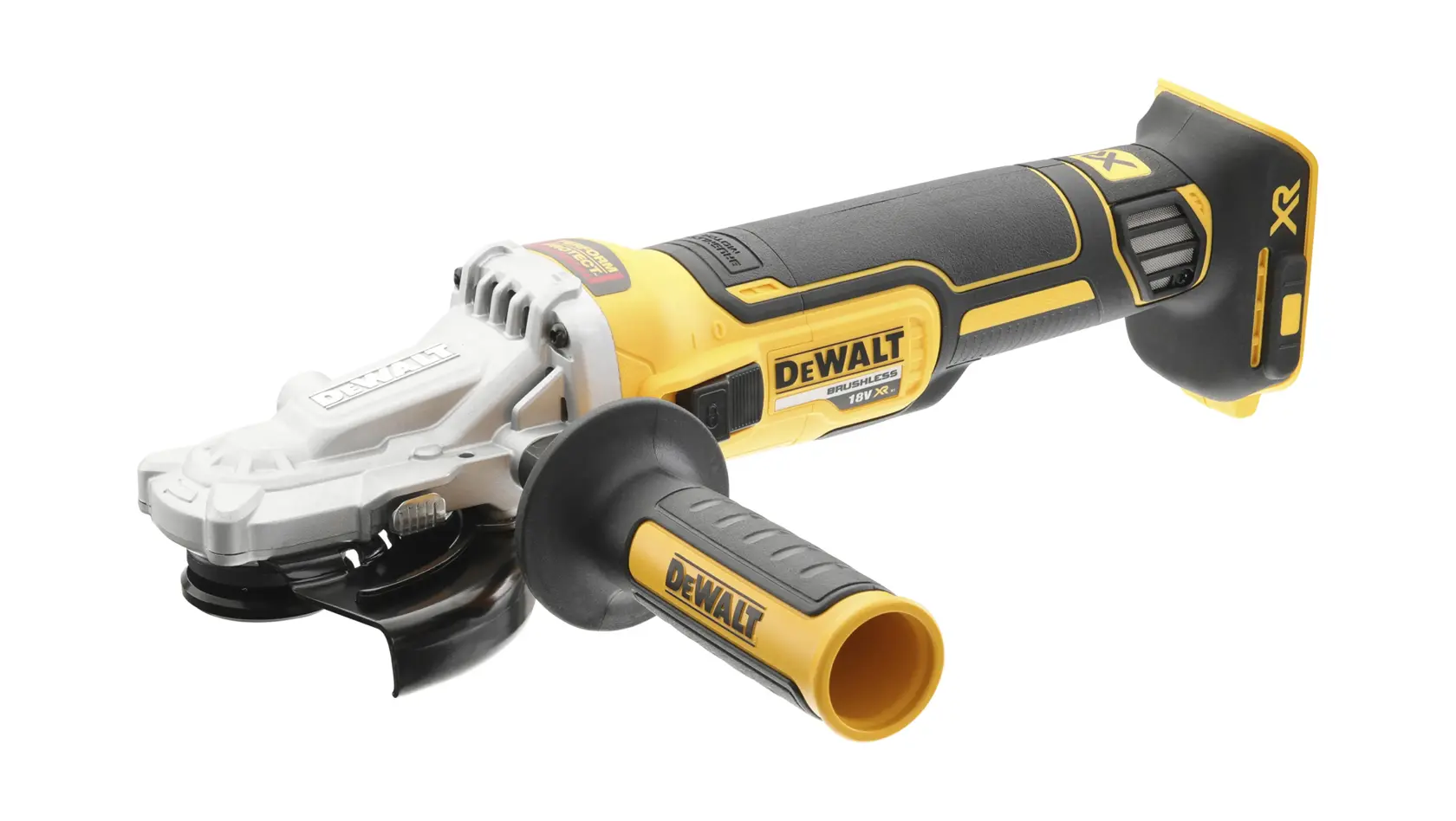Smerigliatrice angolare DEWALT DCG405FN senza fili con manico, nera e gialla, su sfondo bianco.