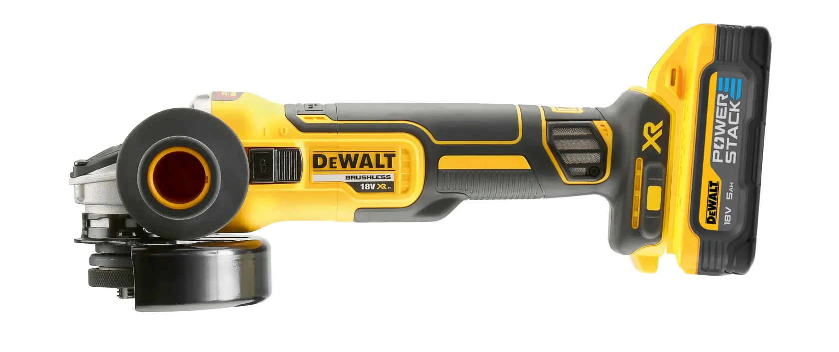 Smerigliatrice angolare DEWALT 18V senza fili con motore brushless, mostrata con batteria POWERSTACK.