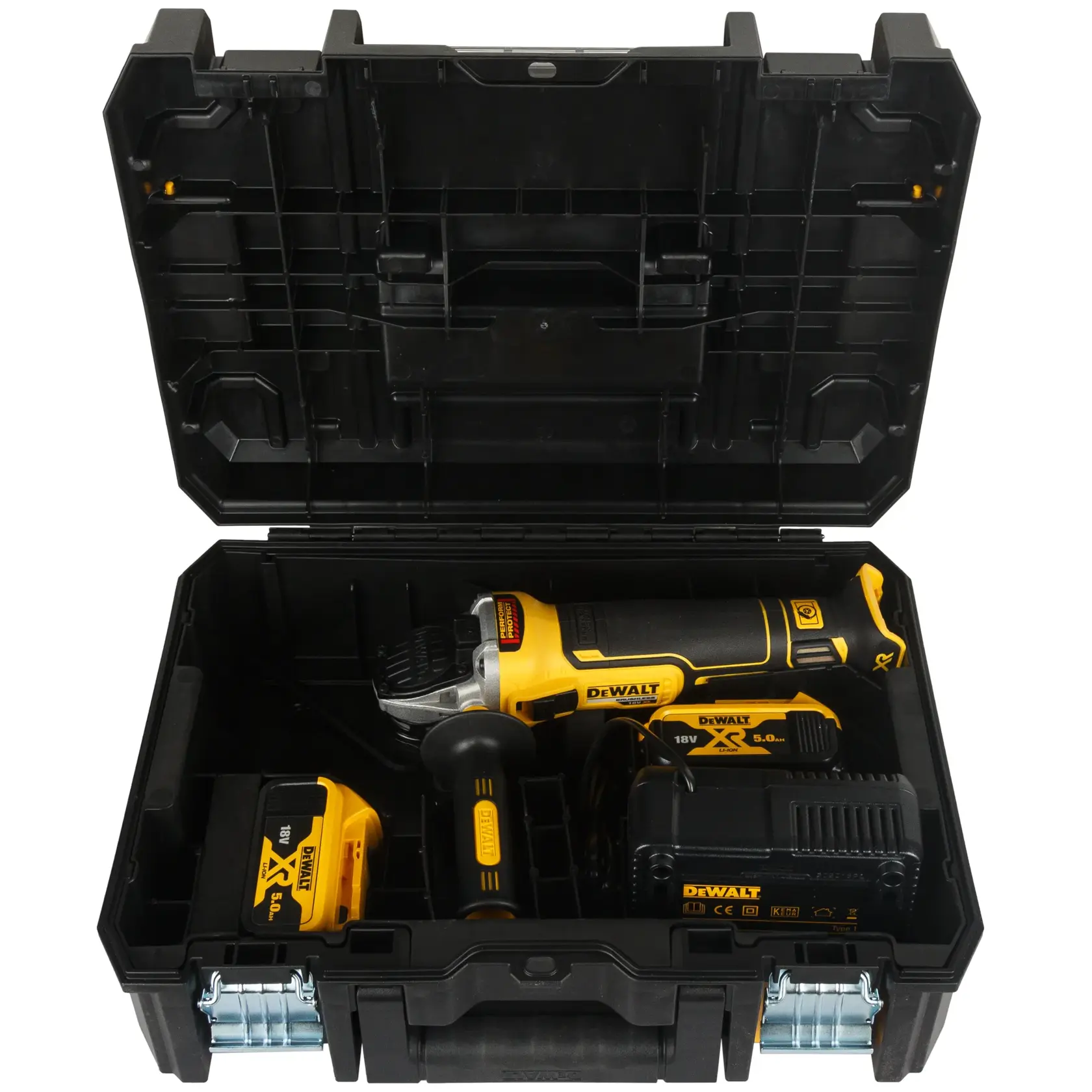 Logo DEWALT centrato su sfondo bianco.