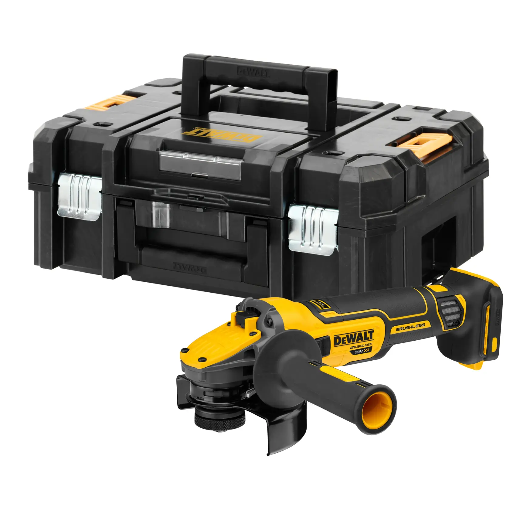 Logo DEWALT centrato su sfondo bianco.