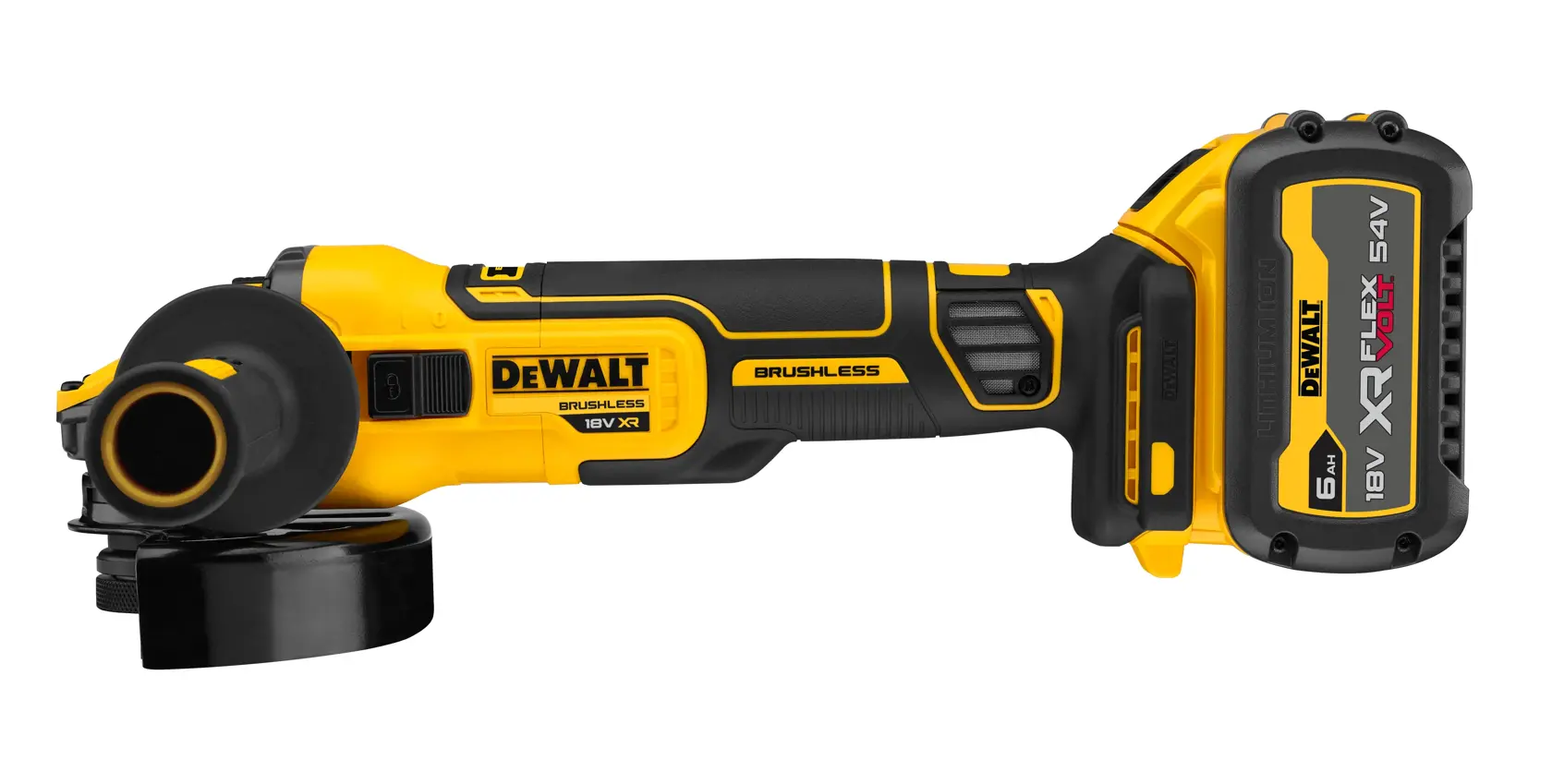 Smerigliatrice angolare a batteria DEWALT gialla-nera, motore brushless e batteria XR FlexVolt.