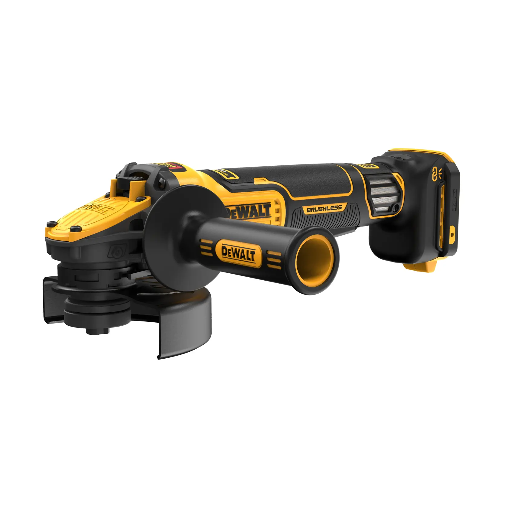 Smerigliatrice angolare DEWALT a batteria, motore brushless, design giallo-nero, manico laterale.