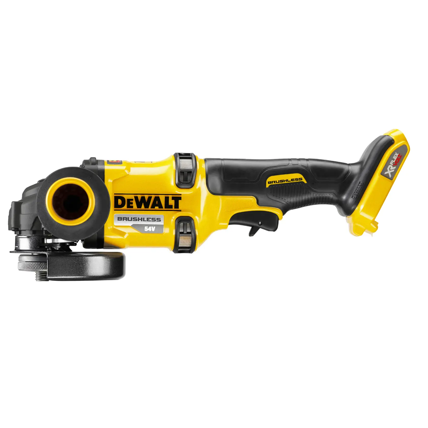 Smerigliatrice angolare DEWALT senza fili, gialla e nera, modello DCG418NT, su sfondo bianco.