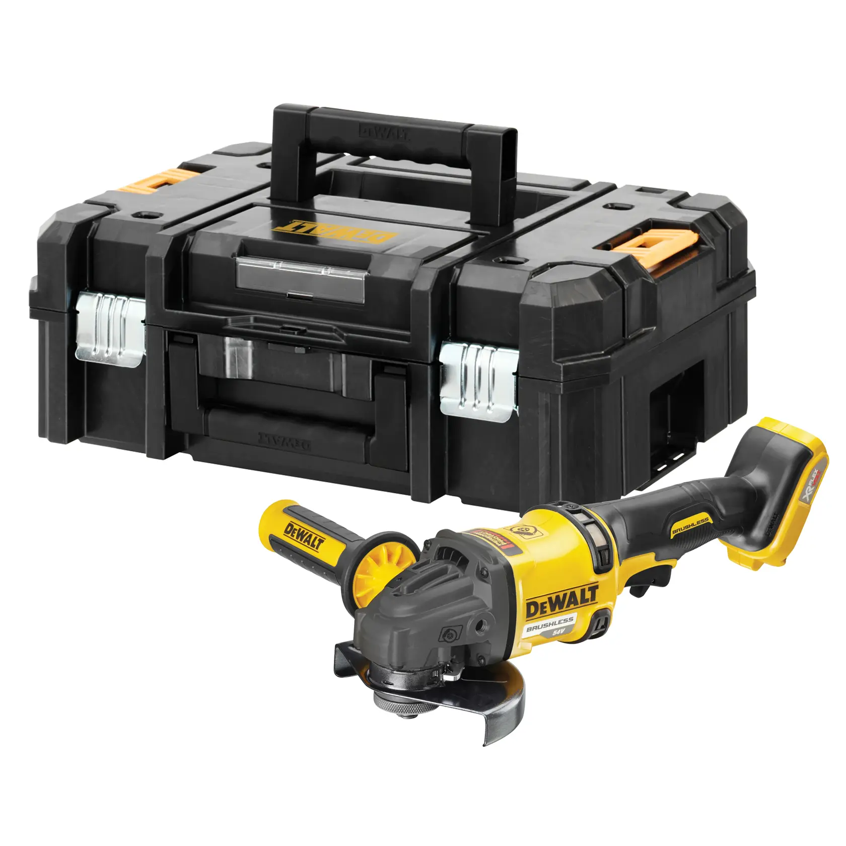 Smerigliatrice DEWALT DCG418NT senza fili con robusta cassetta nera per il trasporto e la conservazione.