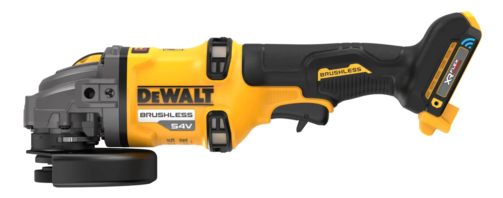 Smerigliatrice angolare DEWALT 54V a batteria, design nero e giallo, vista laterale, batteria inserita.