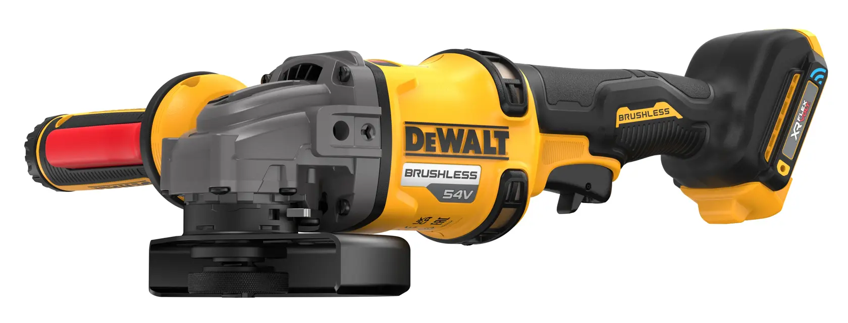 Smerigliatrice angolare DEWALT 54V brushless, corpo nero-giallo e impugnatura laterale.