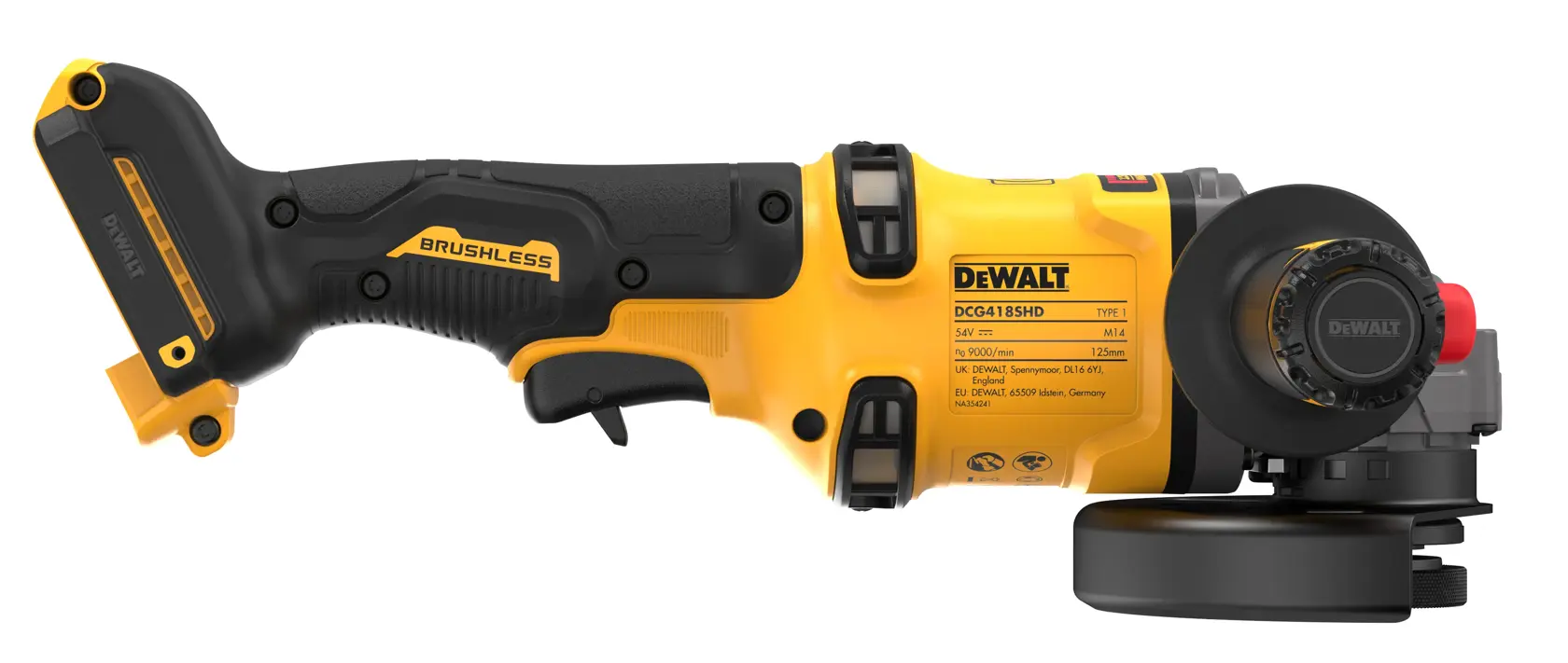 Smerigliatrice angolare a batteria DEWALT DCG418SHDN gialla e nera, vista laterale su sfondo bianco.