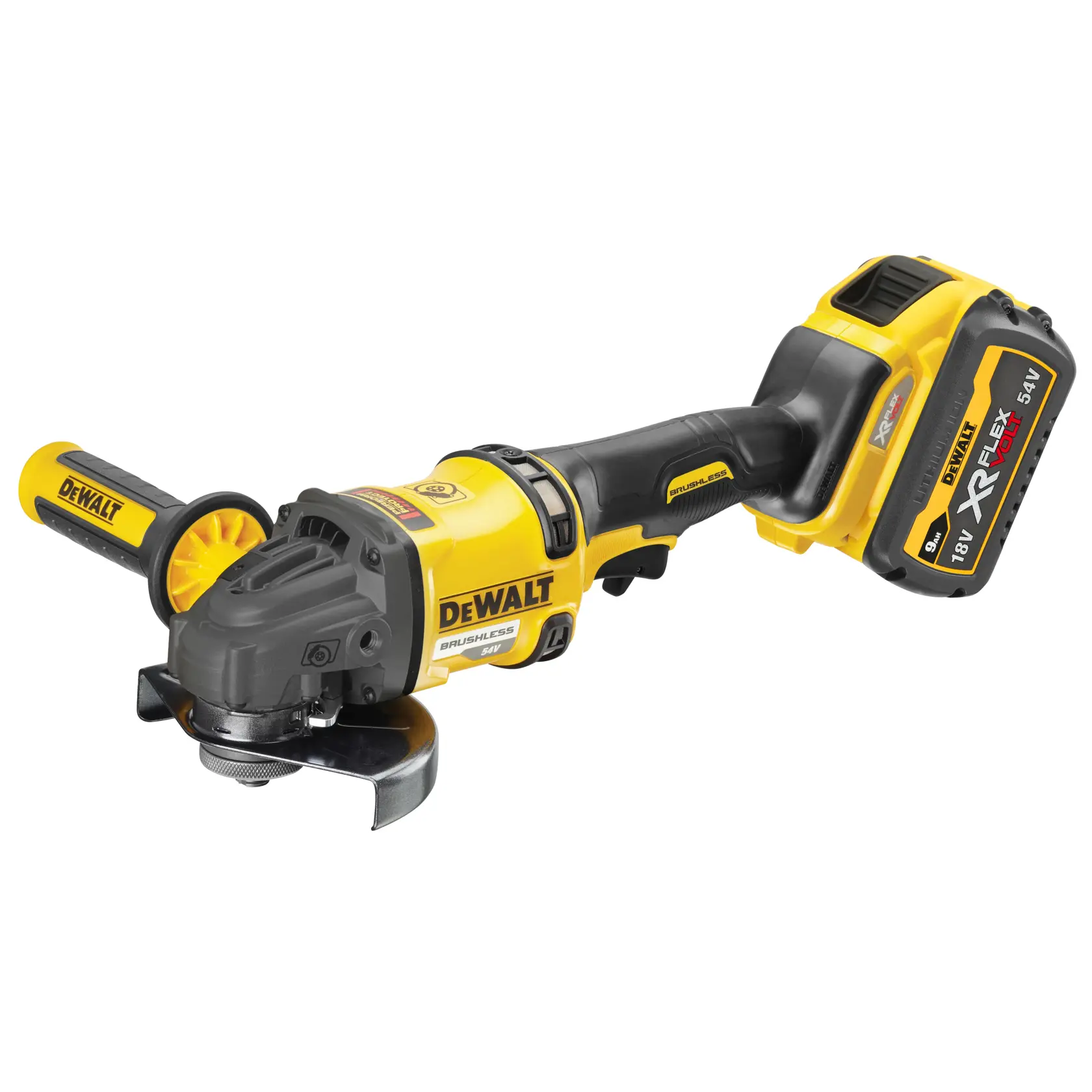 Smerigliatrice angolare DEWALT XR FLEXVOLT senza fili, gialla e nera, con manico laterale.
