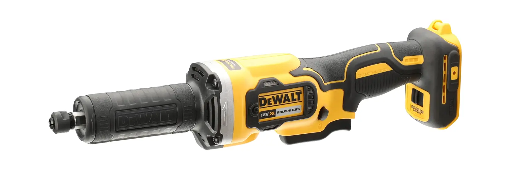 Una smerigliatrice dritta a batteria DEWALT DCG426N gialla e nera, mostrata senza batteria, con impugnatura ergonomica e motore brushless.