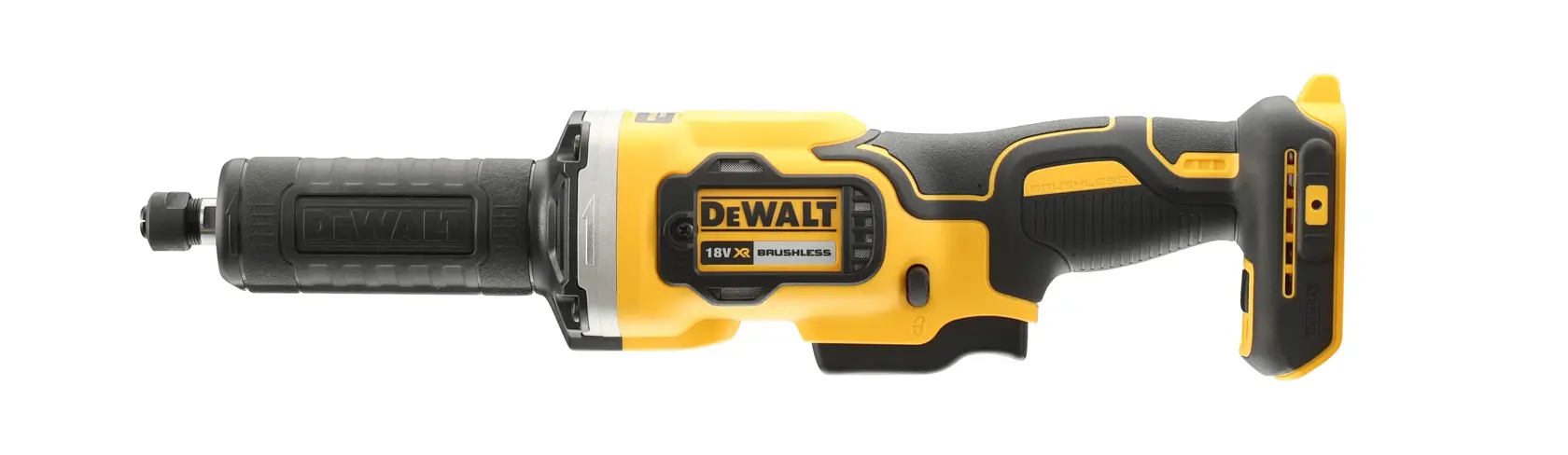 Smerigliatrice a batteria DEWALT gialla e nera, profilo laterale su sfondo bianco.