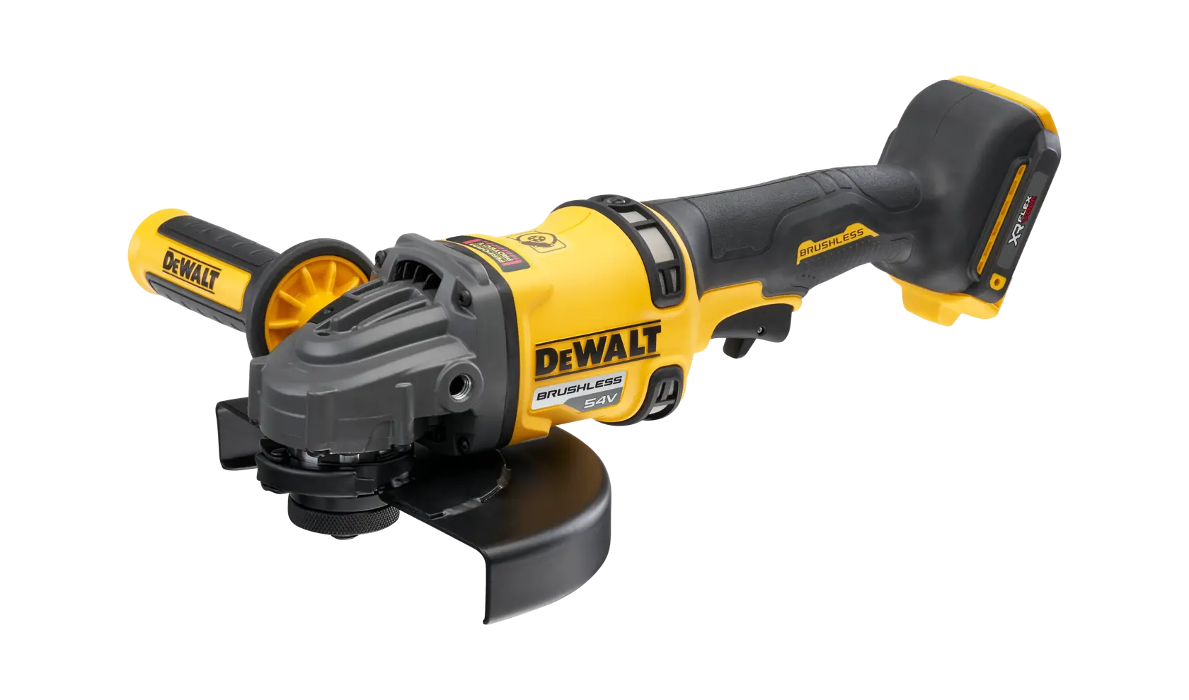 Smerigliatrice angolare DEWALT senza fili, motore brushless, giallo-nera, manico laterale, batteria 54V.