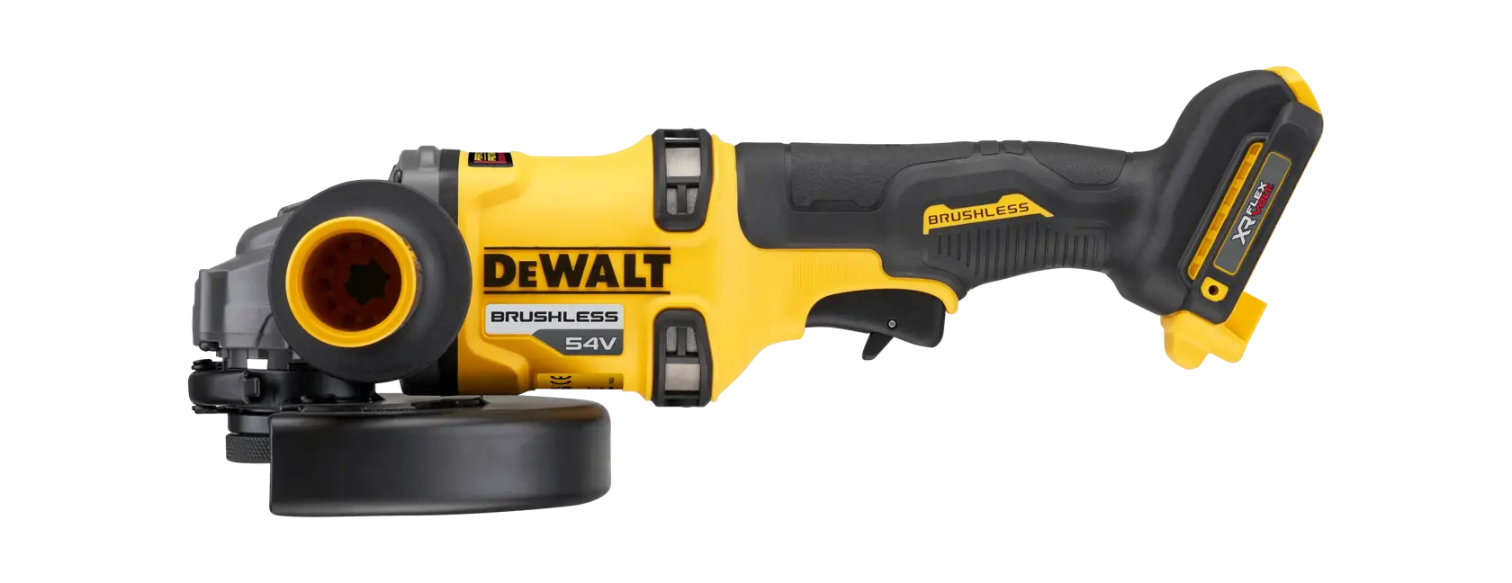 Smerigliatrice angolare DEWALT brushless senza fili, gialla e nera, utensile 54V lato.