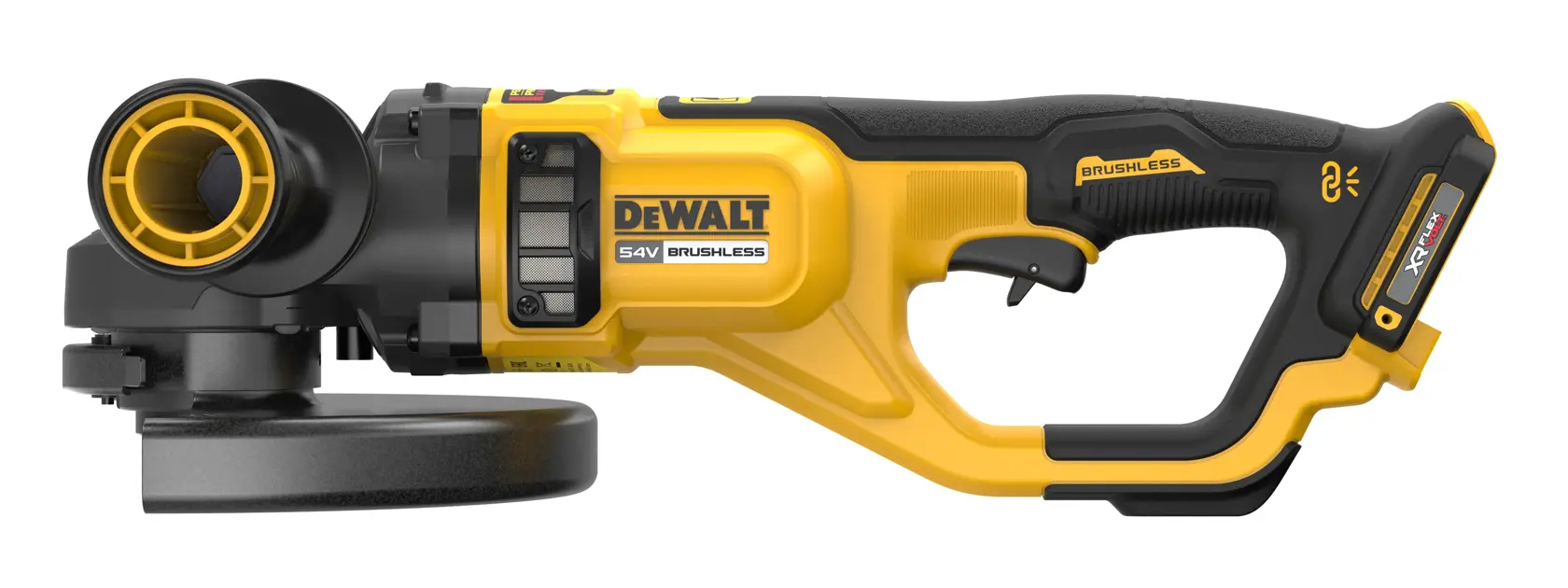 Smerigliatrice angolare DEWALT DCG460NK 54V cordless, corpo nero e giallo, vista laterale.
