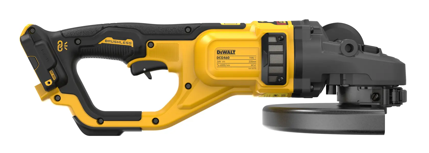 Smerigliatrice angolare DEWALT DCG460NK senza fili, design giallo e nero, vista laterale.
