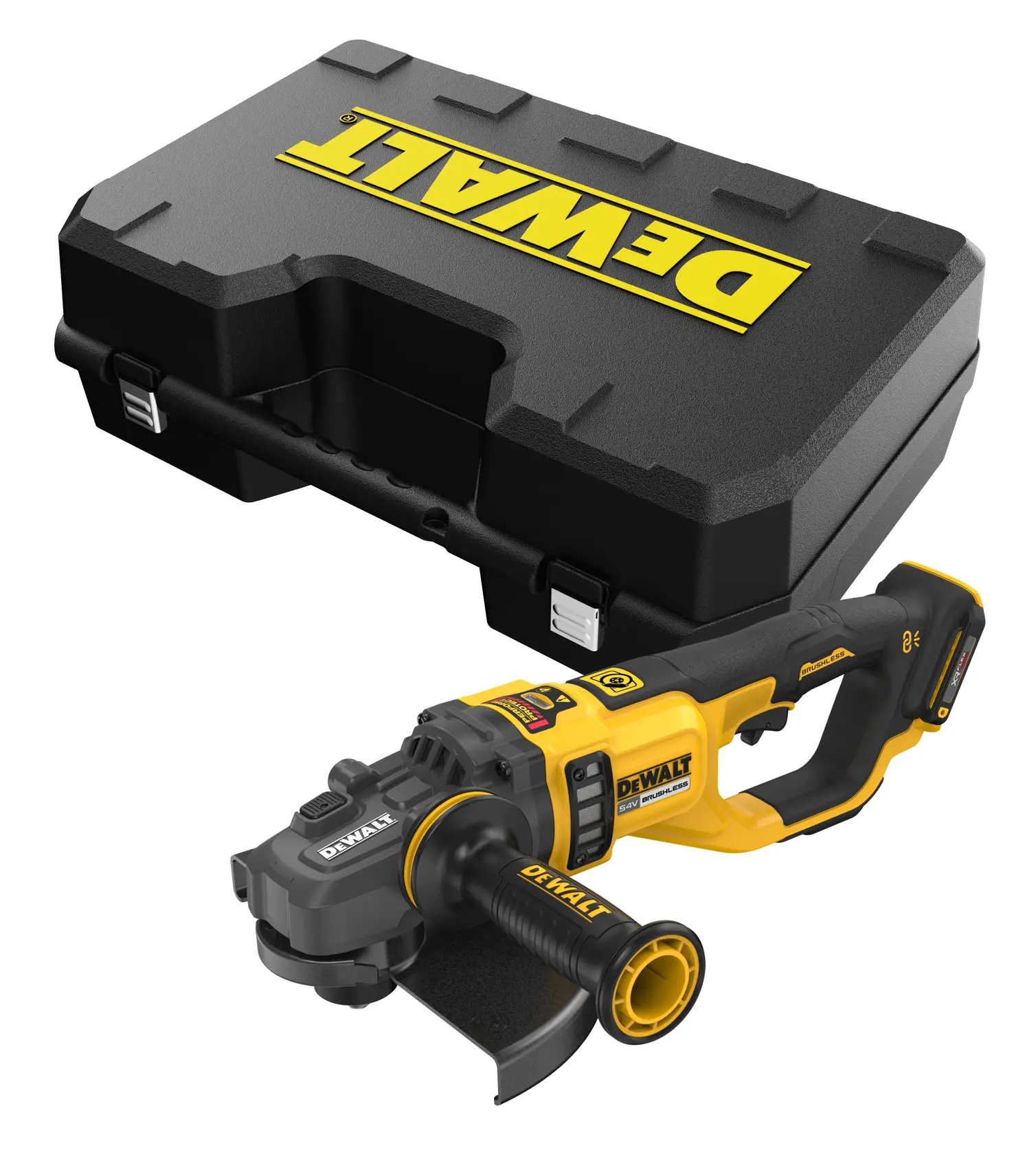 Smerigliatrice angolare DEWALT senza fili con valigetta nera su sfondo bianco.