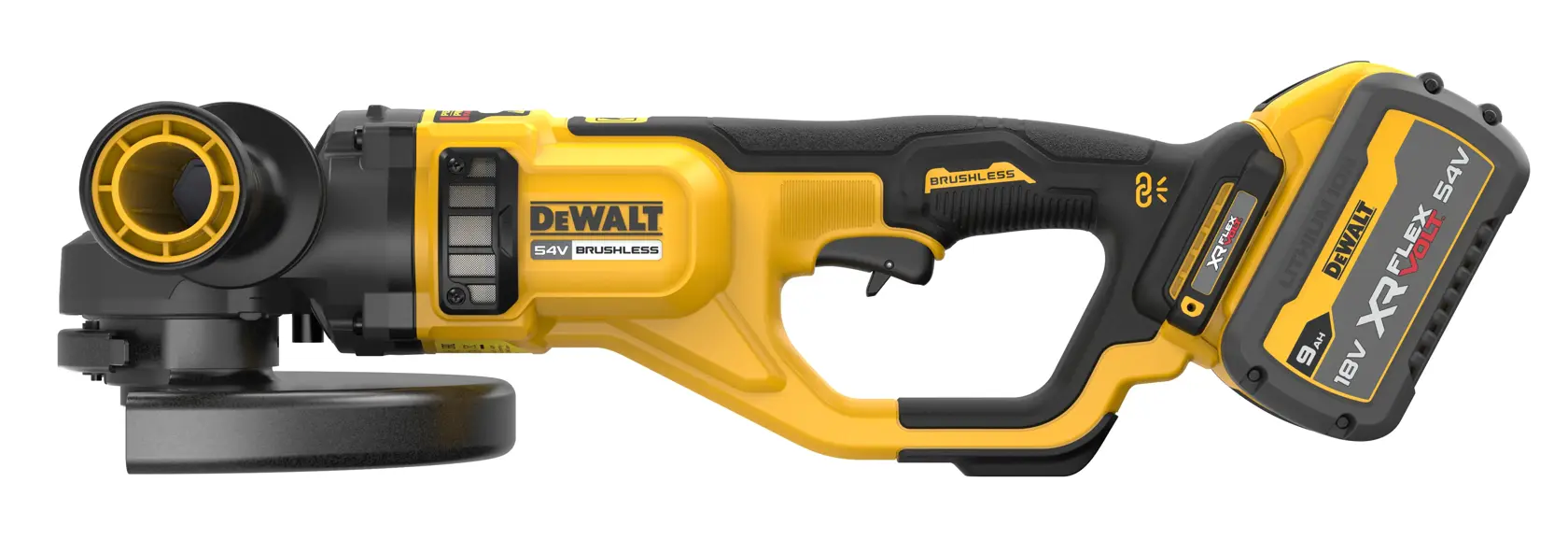 Smerigliatrice angolare DEWALT senza fili, gialla e nera, batteria 54V XR FlexVolt visibile sul manico.