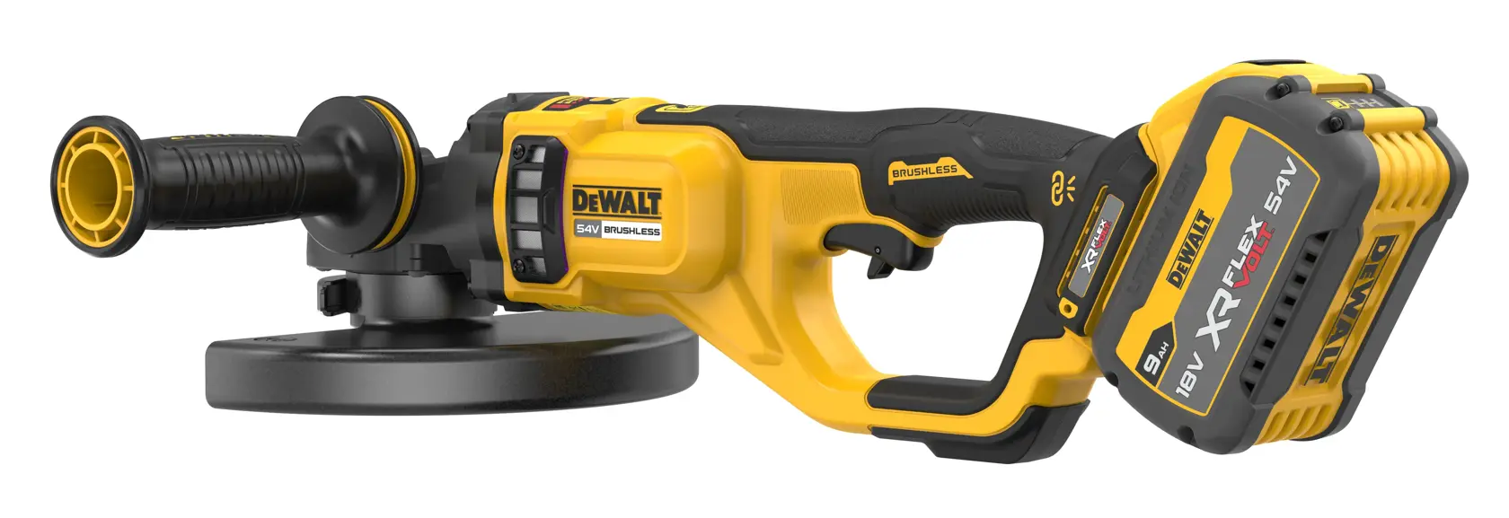 Smerigliatrice brushless DEWALT a batteria con manico laterale e batteria su sfondo bianco.