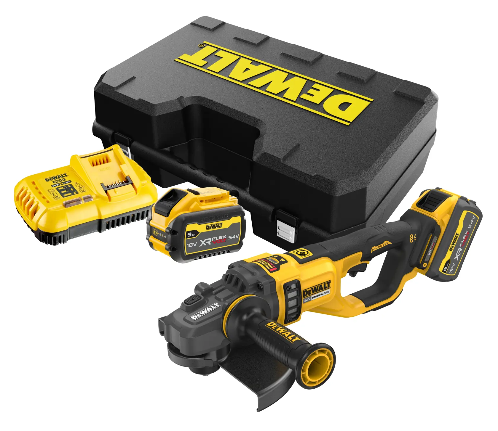 Kit smerigliatrice DEWALT cordless con batteria, caricatore e valigetta nera.
