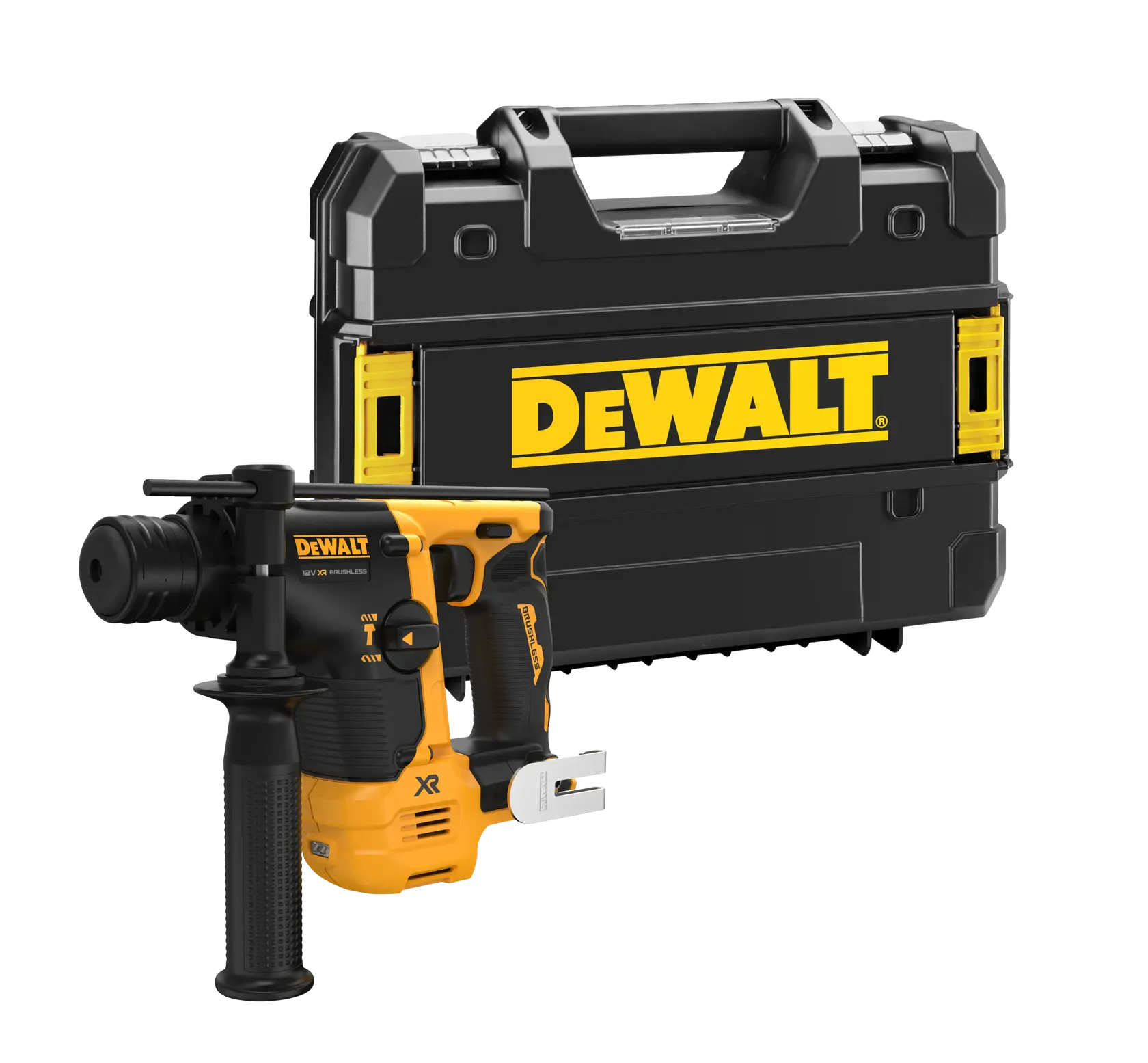 Logo DEWALT centrato su sfondo bianco.