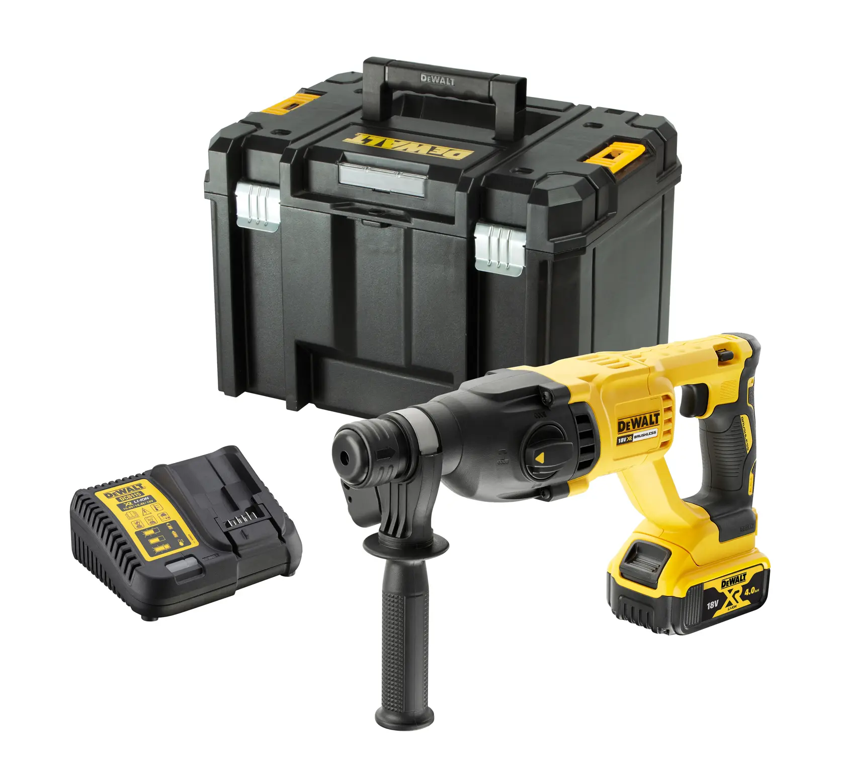 Martello rotativo DEWALT a batteria con caricatore e valigetta nera su sfondo bianco.