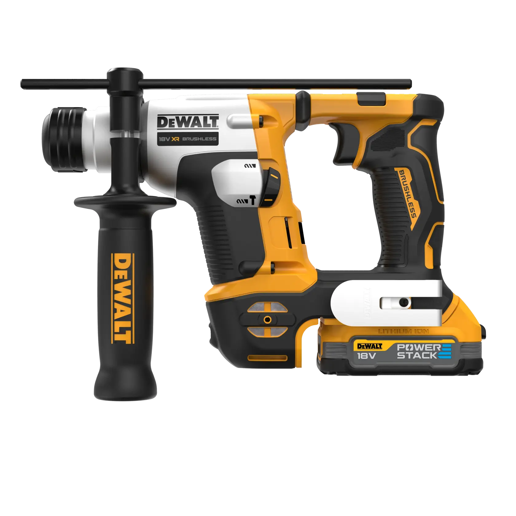 Martello rotativo DEWALT 18V XR brushless con batteria POWERSTACK, dotato di manico laterale per una migliore presa, mostrato su sfondo bianco.